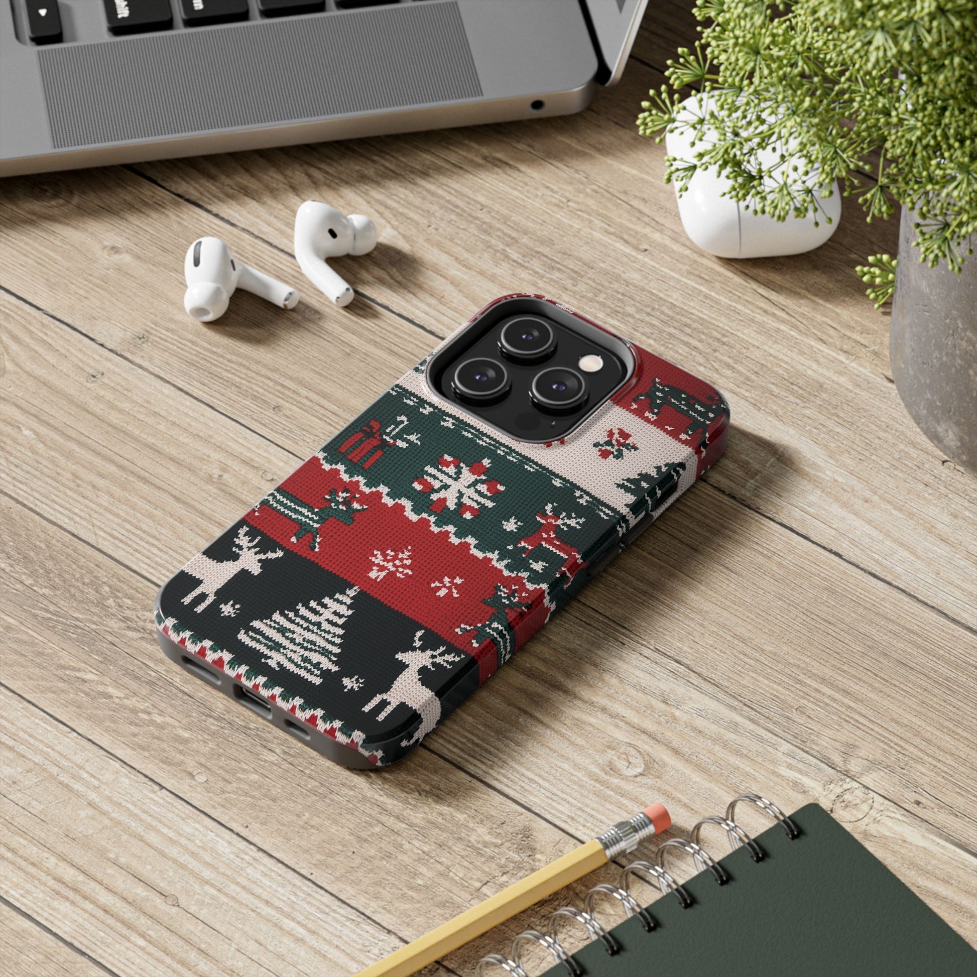 Ugly Christmas Sweater Phone Case Festive 3D Knit Textured Red White Green Holiday Knit Design Tree Reindeer iPhone 13 14 15 16 Pro Max