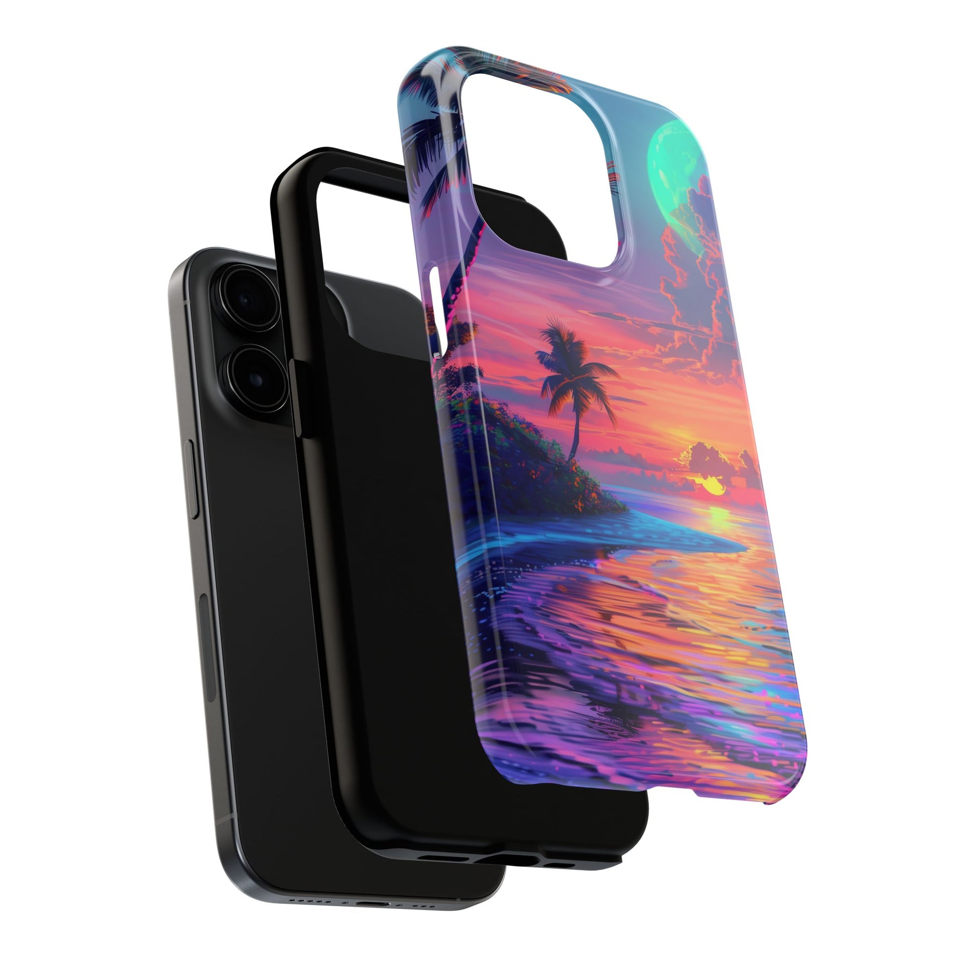 Tough Beach Scene Phone Case - Durable Phone Cover with Lisa Frank Inspired Beach Art - Protective Case with Vibrant Beach Design