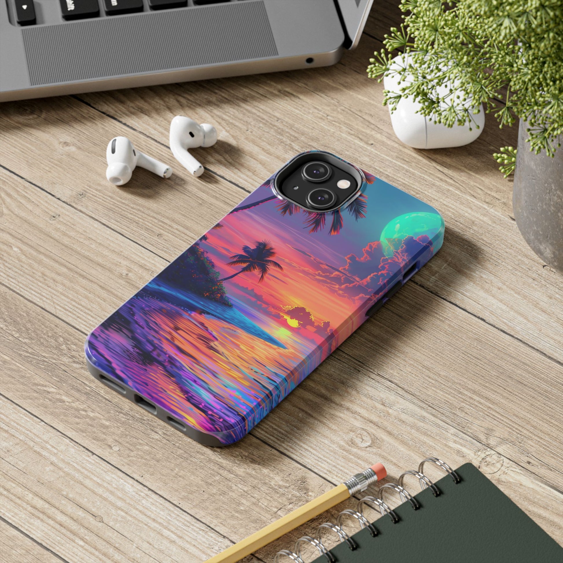 Tough Beach Scene Phone Case - Durable Phone Cover with Lisa Frank Inspired Beach Art - Protective Case with Vibrant Beach Design