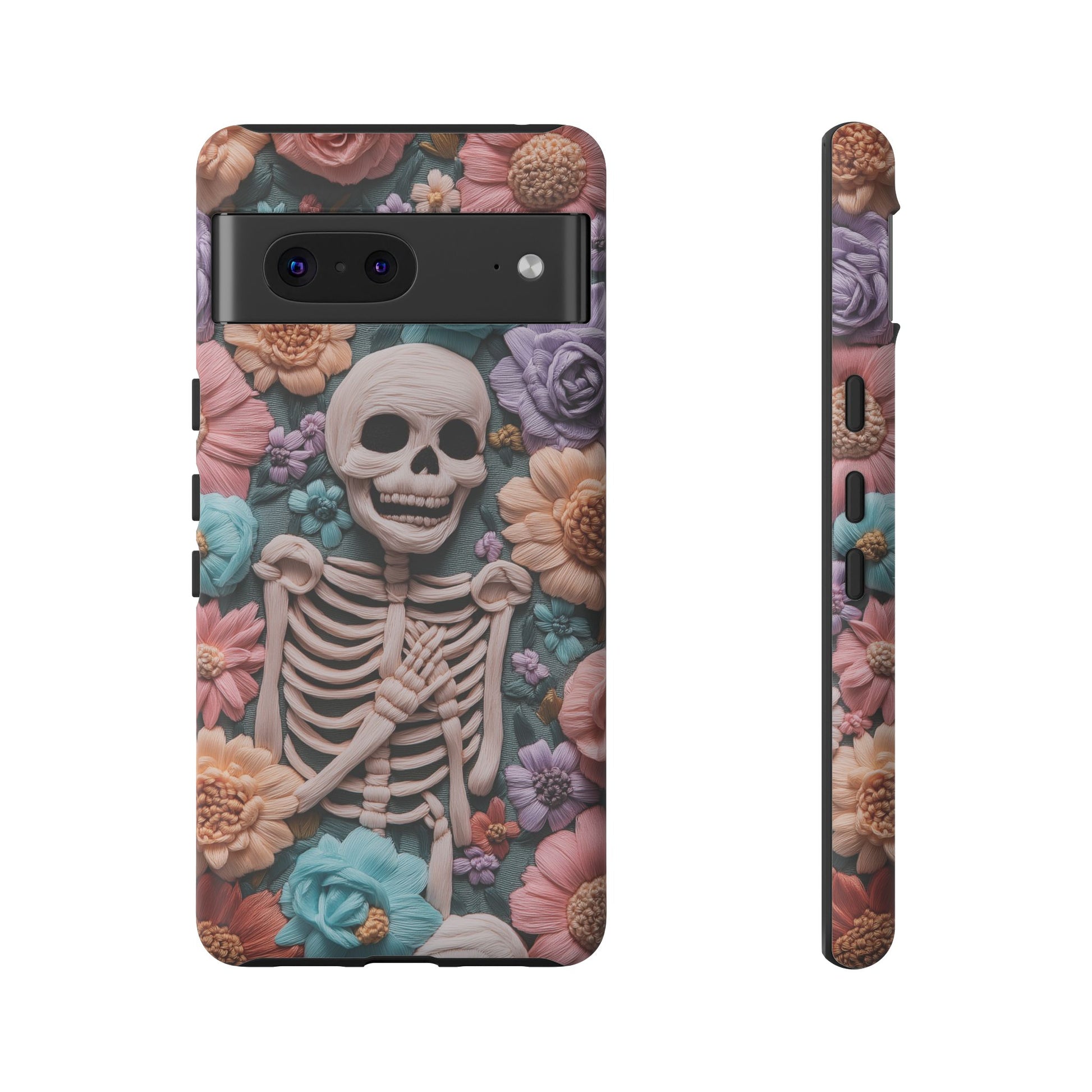 Embroidered Skeleton Gothic Cottagecore Halloween Phone Case 3D Look Flowers Pastel Custom 13 14 15 16 Pro Max Plus Galaxy Pixel