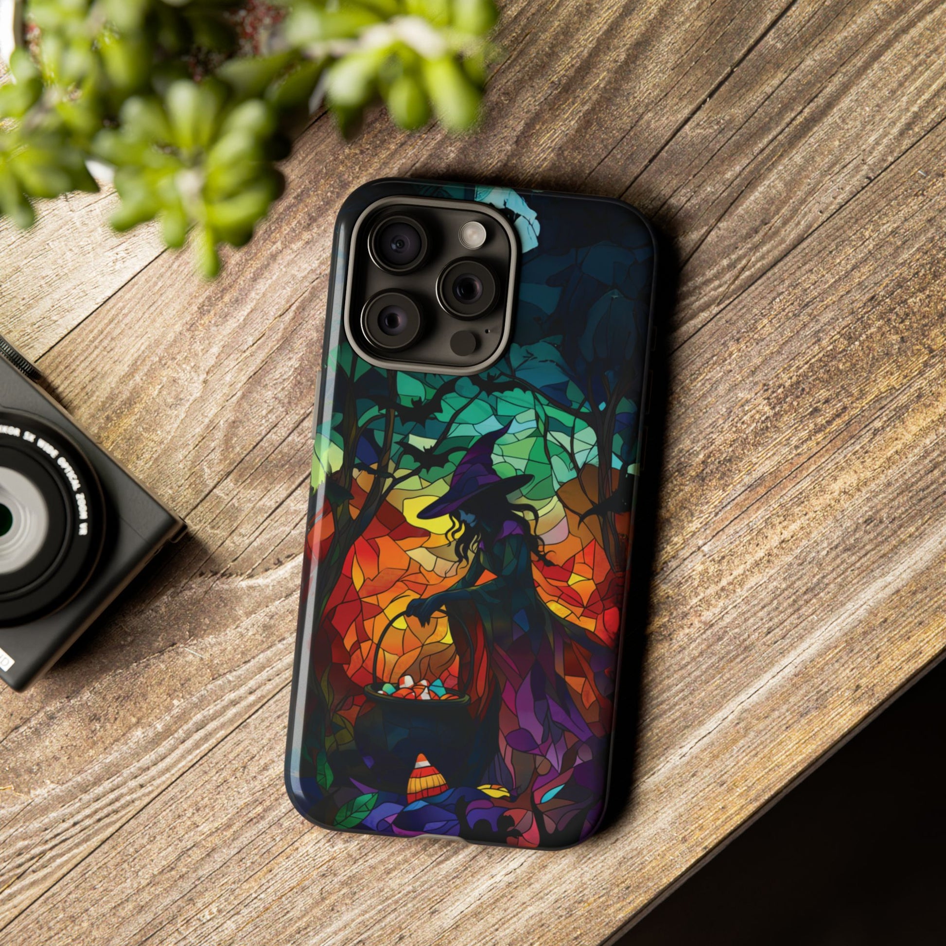 Halloween Witch Stained Glass Dark Academia Spooky Fall Witchy Pumpkin Bats Seasonal Fall Mosaic Case iPhone 13 14 15 16 Pro Max
