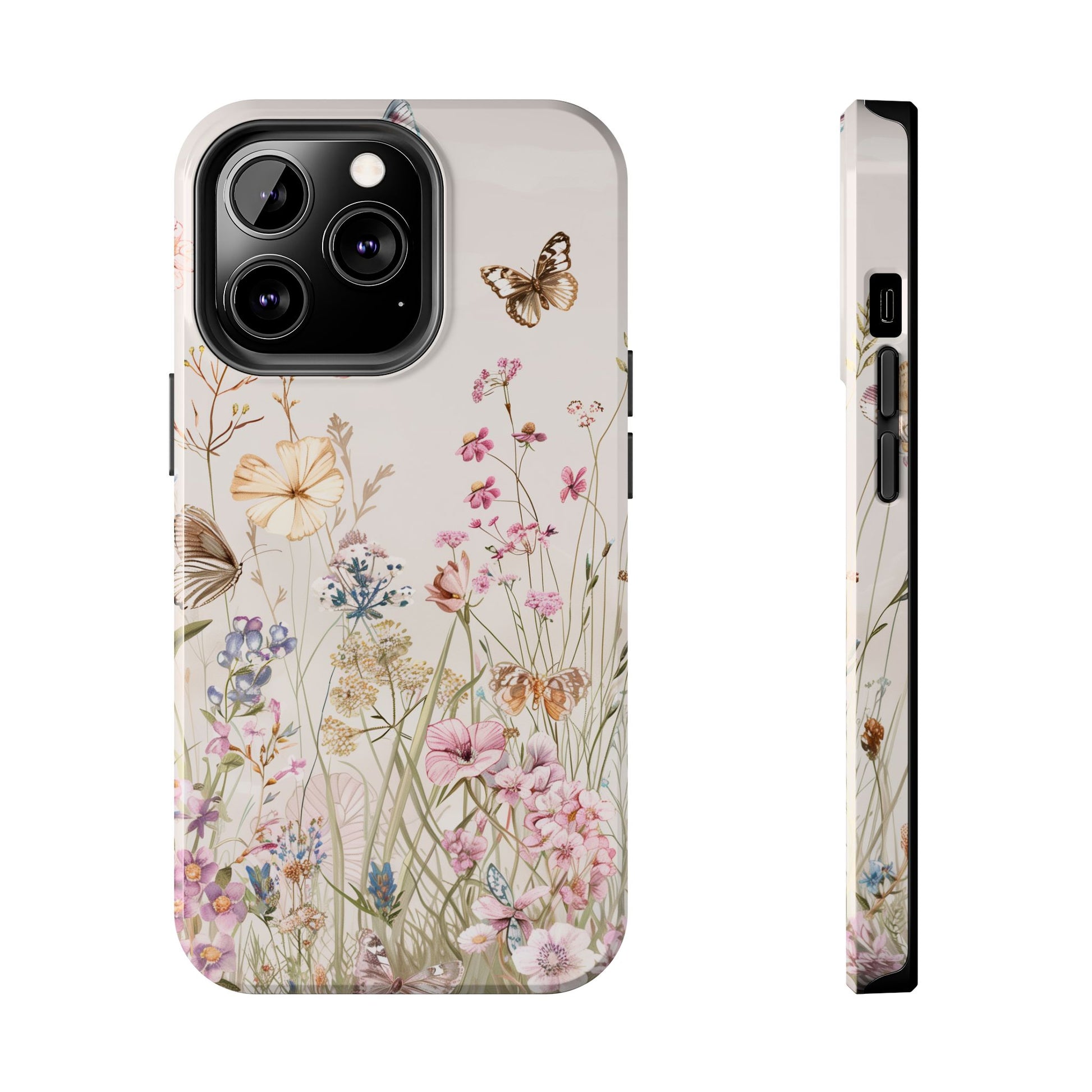Butterfly Meadow Scene Cottagecore iPhone 15, Pastel Wildflowers & Butterflies, Natural iPhone Case, Cottagecore Garden Case, iPhone 14