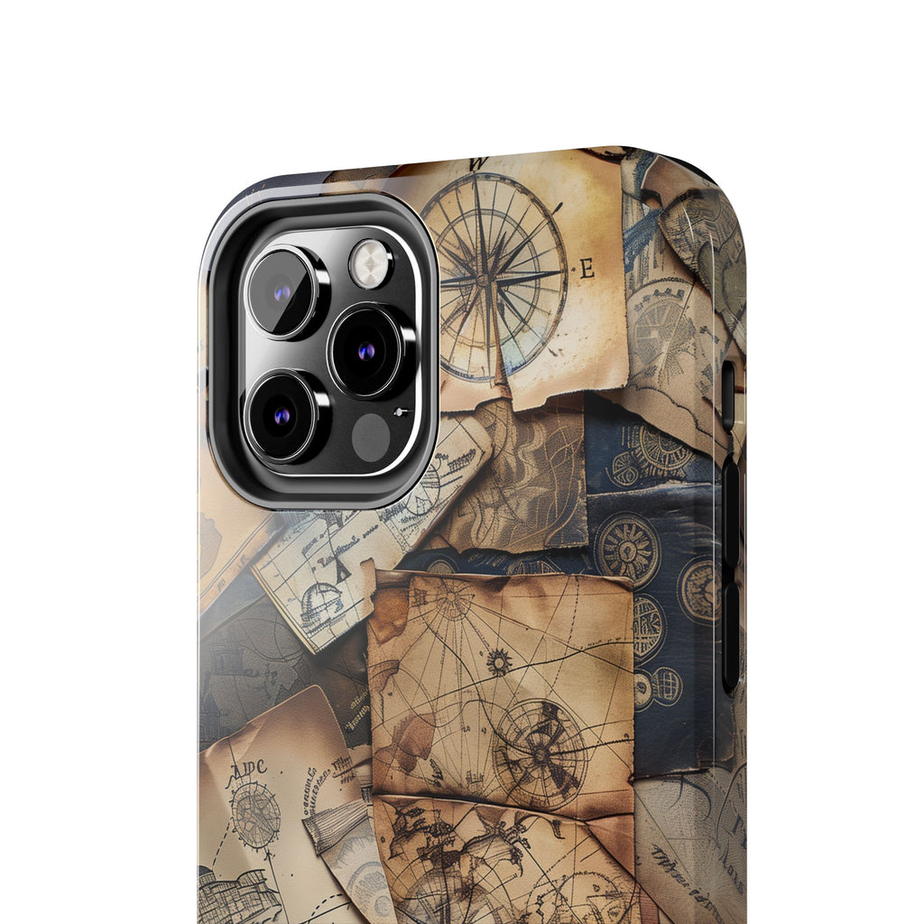 Double Layer Adventure Phone Case - Protective Phone Case Vintage Map and Compass Design - Dual Layer Case with Map Print