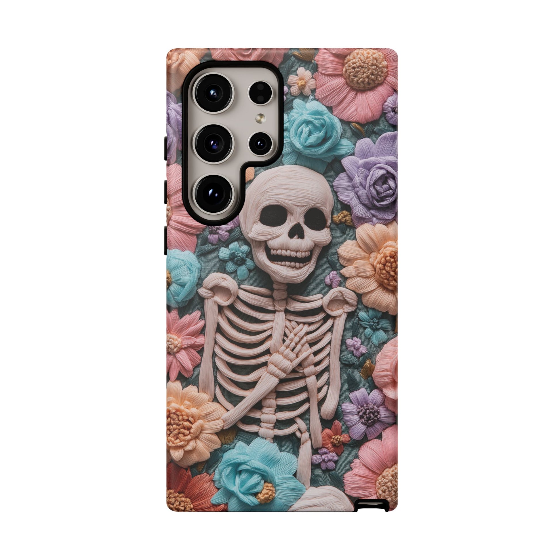 Embroidered Skeleton Gothic Cottagecore Halloween Phone Case 3D Look Flowers Pastel Custom 13 14 15 16 Pro Max Plus Galaxy Pixel