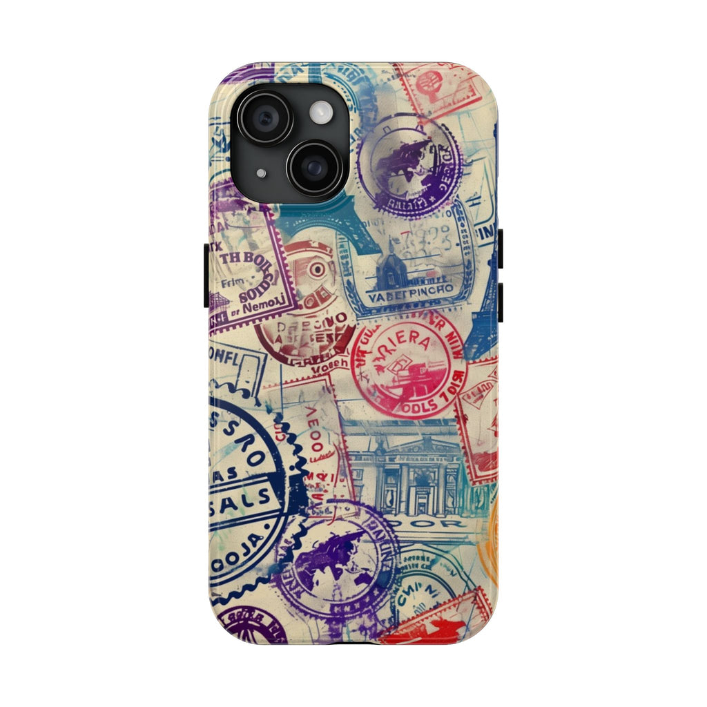 Travel Stamps Tough Phone Case - Durable Vintage Travel Stamps Design - Adventure Inspired Phone Case - Protective Case with travel stamps