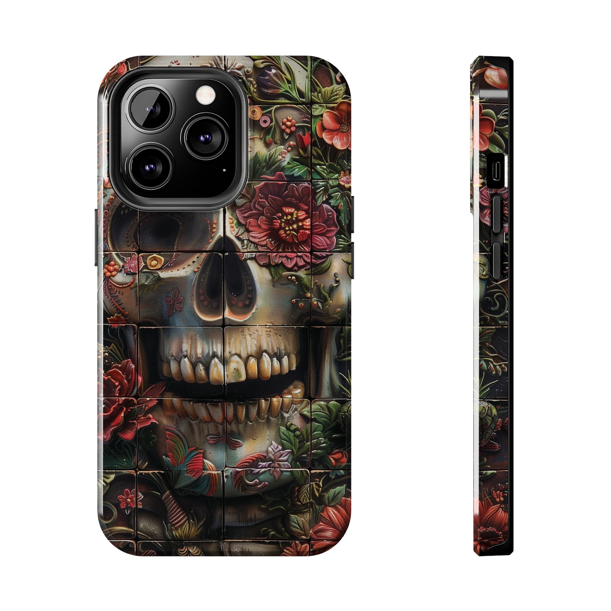 Sugar Skull Phone Case Flowers and Skeletons, Halloween Cottagecore Day of the Dead, Dia de Los Muertos Gothic, iPhone 15 Spooky Case