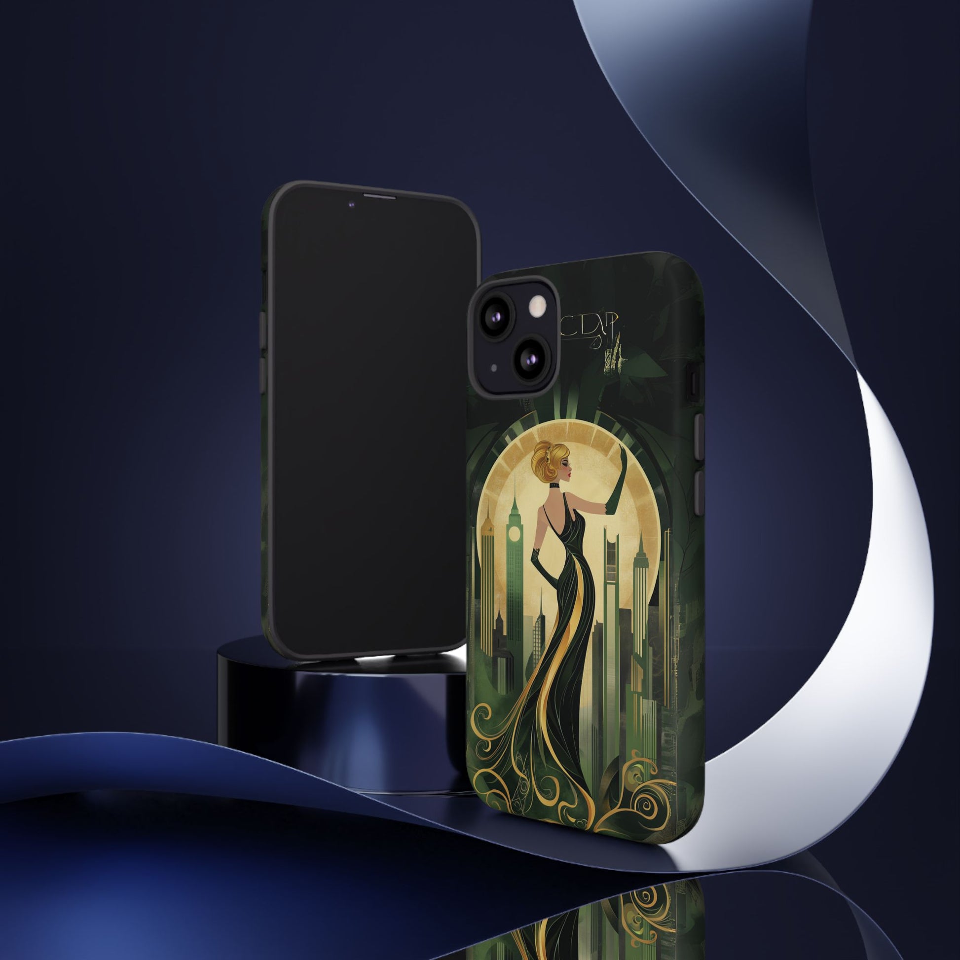 Emerald City Art Deco Flapper Woman Phone Case 1920s Art Nouveau Design in Emerald & Gold Alphonse Mucha Style Gatsby Style Poster