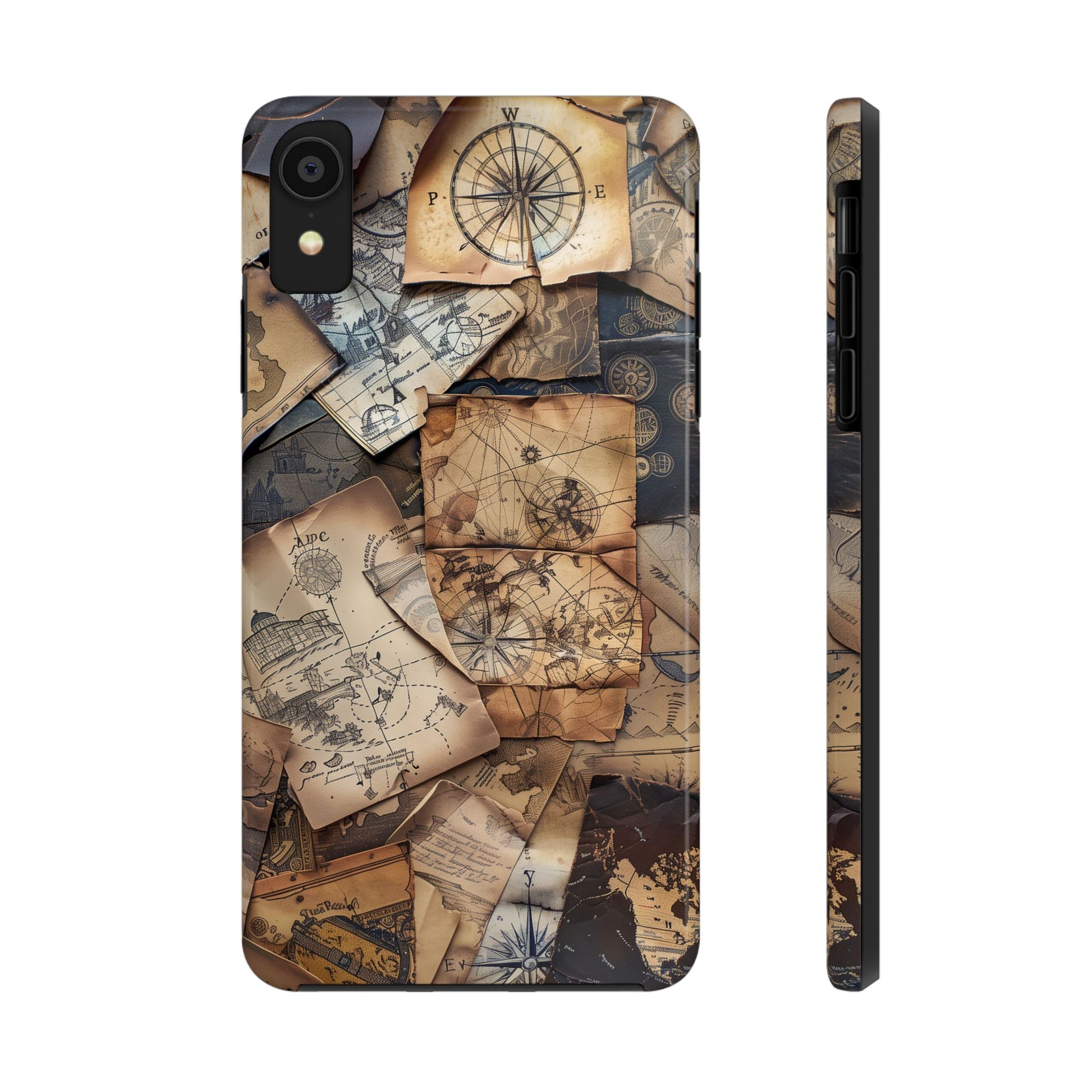 Double Layer Adventure Phone Case - Protective Phone Case Vintage Map and Compass Design - Dual Layer Case with Map Print