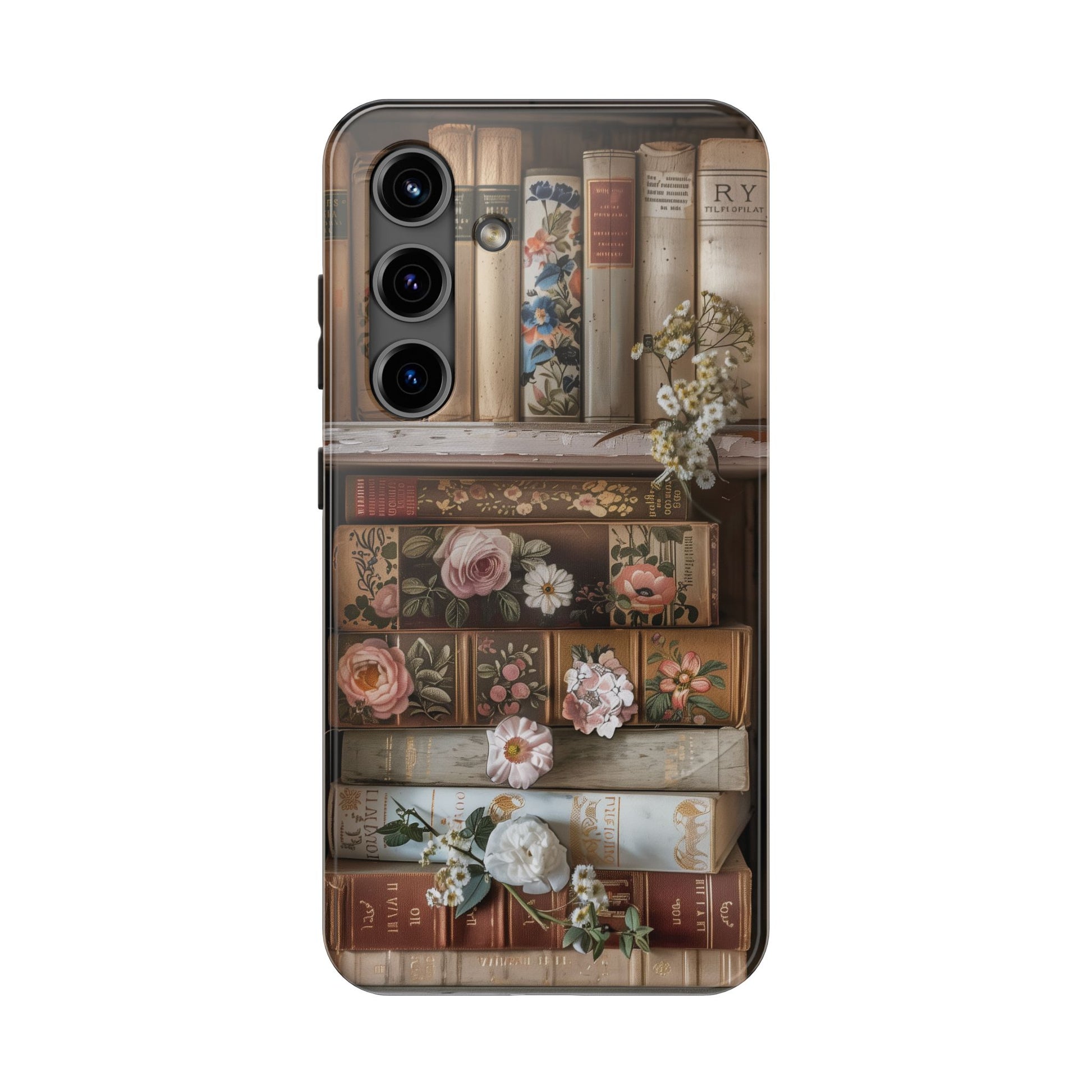 Vintage Book Stack Cottagecore Phone Case, Books with Floral Decor, Leather & Cloth Fliral iPhone Case, Pastel Roses Daisies Wildflowers