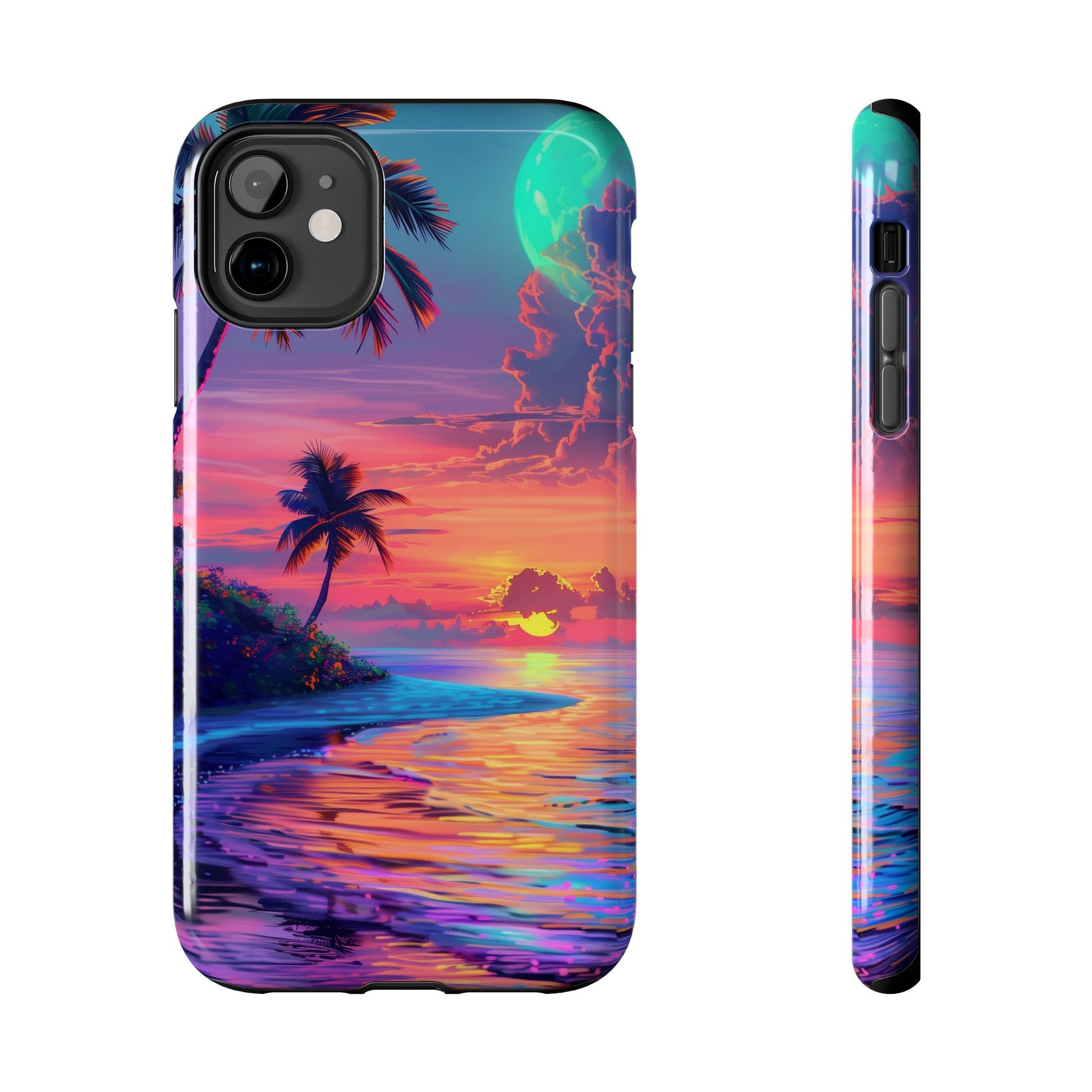 Tough Beach Scene Phone Case - Durable Phone Cover with Lisa Frank Inspired Beach Art - Protective Case with Vibrant Beach Design
