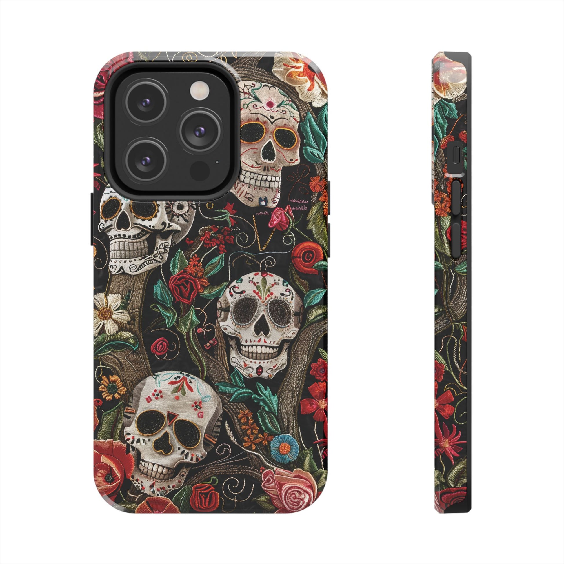 Embroidered Look Sugar Skulls Phone Case, Flowers and Skulls, Halloween Cottagecore Day of the Dead, iPhone Dia de Los Muertos Gothic