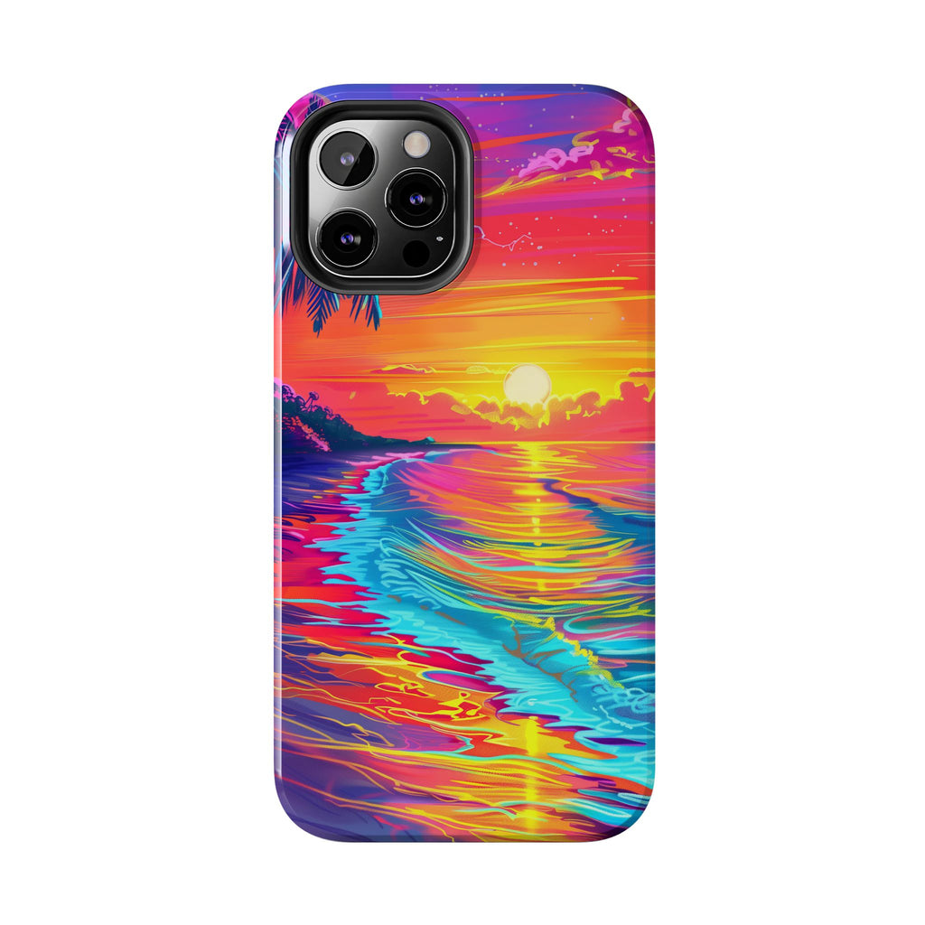 Tough Beach Sunrise Phone Case - Durable Case Lisa Frank Inspired Beach Art - Vibrant Beach Design - Colorful Phone Case for Beach Lovers