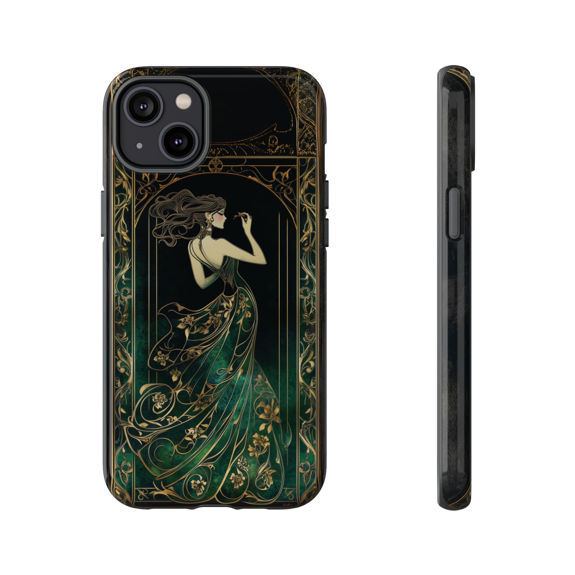 Art Deco Flapper Woman Phone Case 1920s Art Nouveau Design in Emerald & Gold Alphonse Mucha Style Gatsby Style Poster