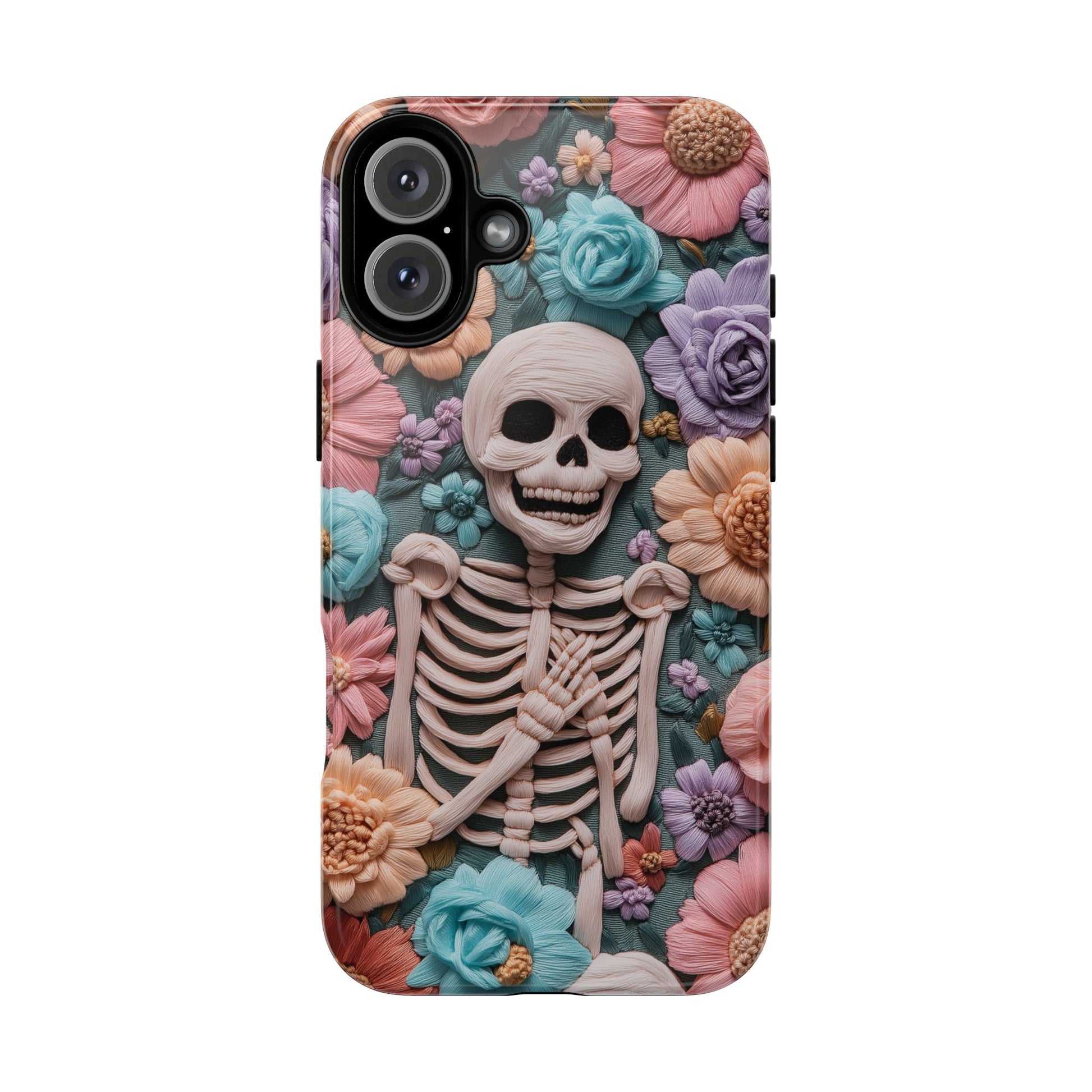Embroidered Skeleton Gothic Cottagecore Halloween Phone Case 3D Look Flowers Pastel Custom 13 14 15 16 Pro Max Plus Galaxy Pixel