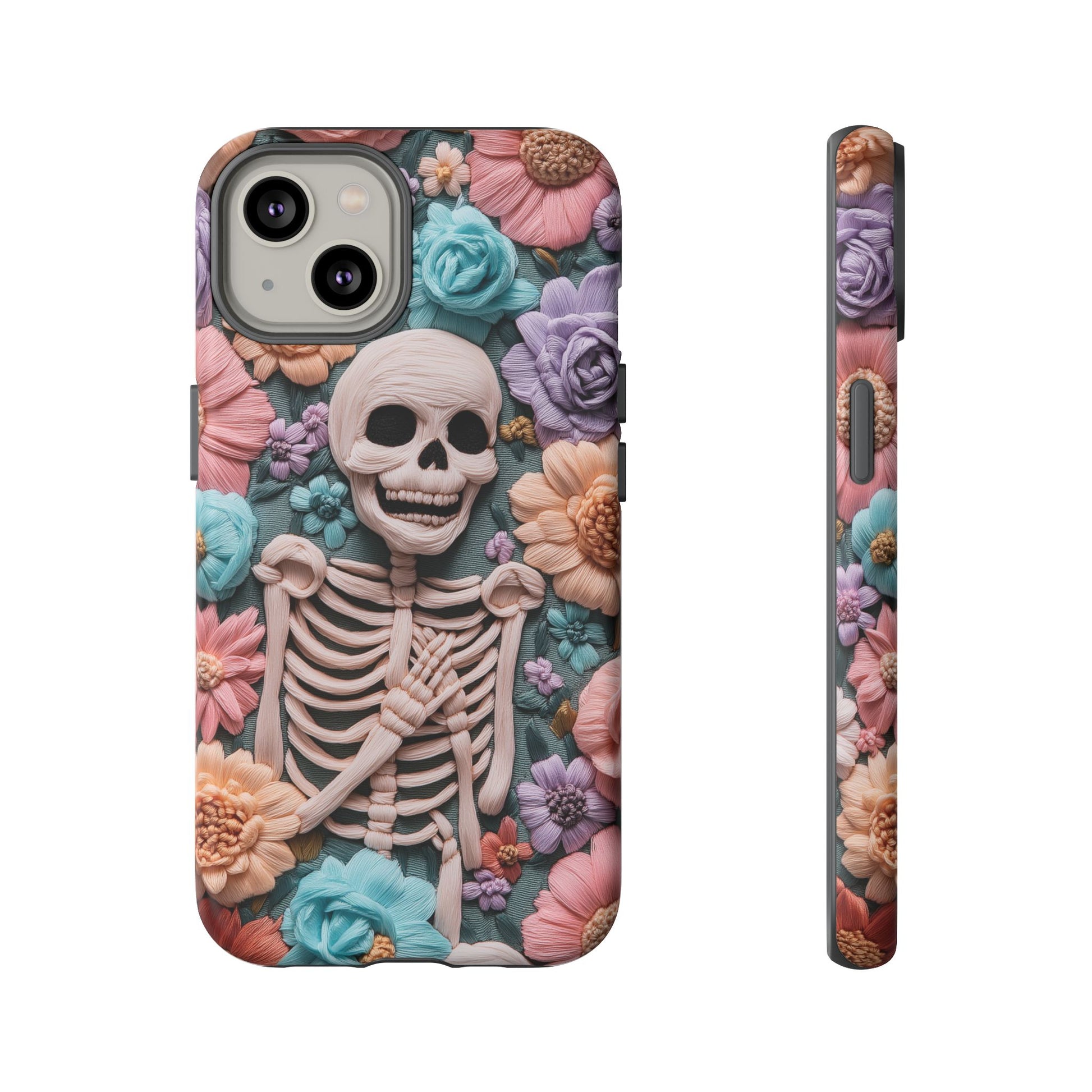 Embroidered Skeleton Gothic Cottagecore Halloween Phone Case 3D Look Flowers Pastel Custom 13 14 15 16 Pro Max Plus Galaxy Pixel