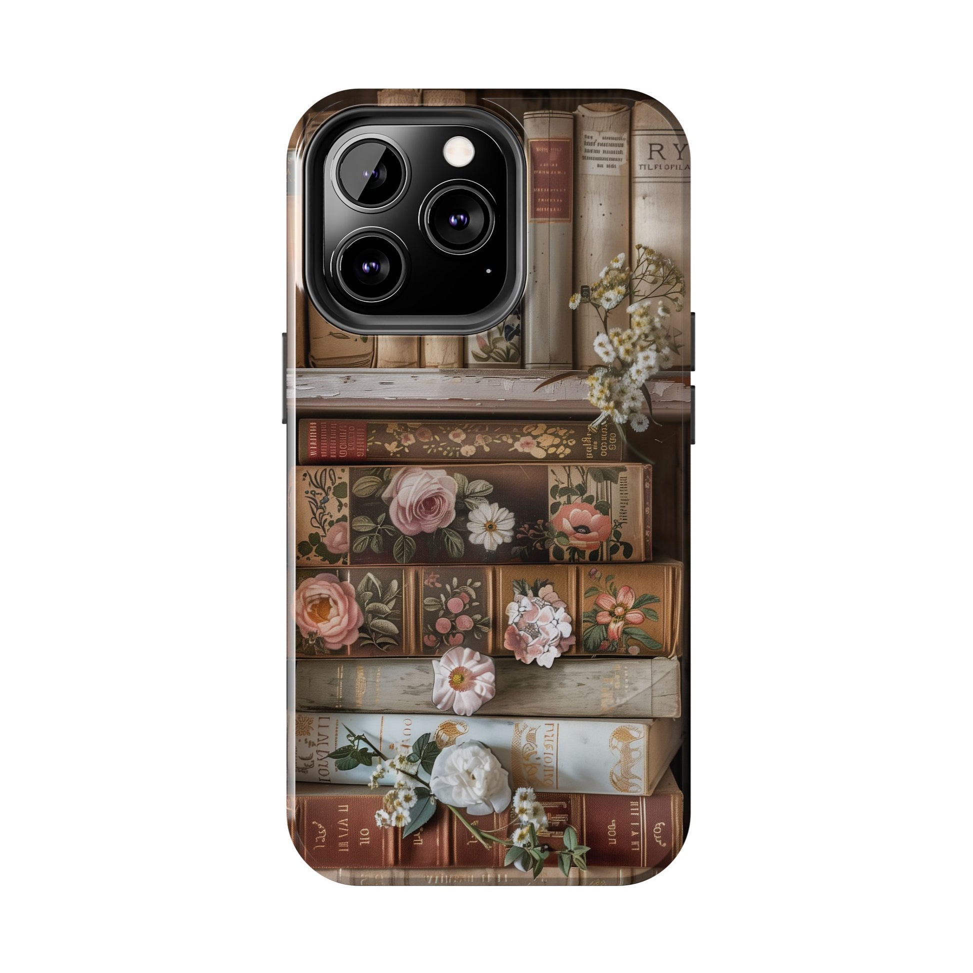 Vintage Book Stack Cottagecore Phone Case, Books with Floral Decor, Leather & Cloth Fliral iPhone Case, Pastel Roses Daisies Wildflowers