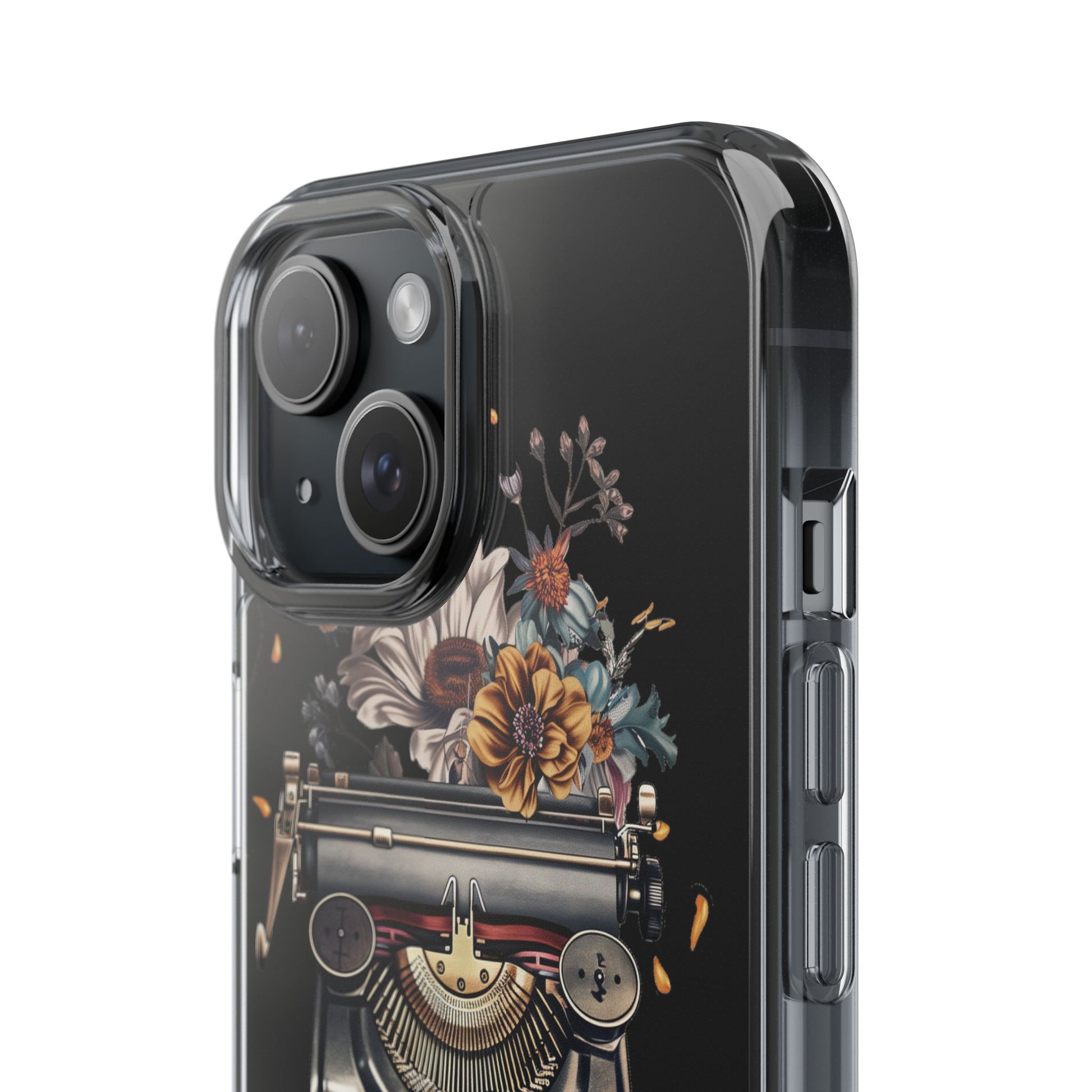 Vintage Cottagecore Typewriter Clear Phone Case with Floral Dark Academia Nostalgic Artistic Typography iPhone 13 14 15 16 Pro Max