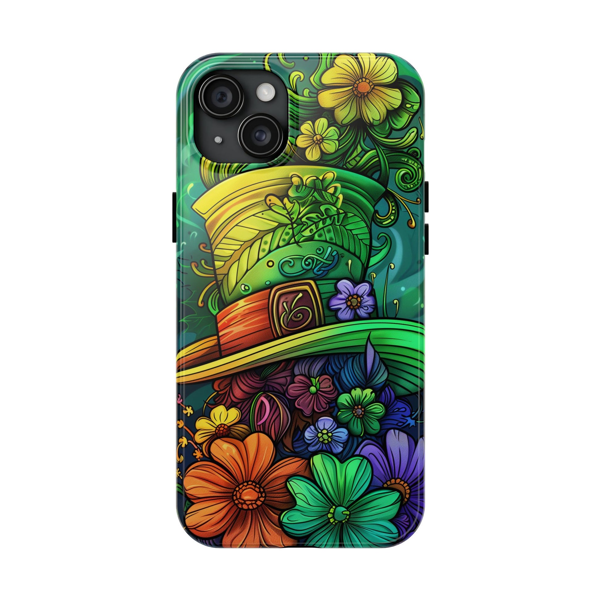 Rainbow St. Patricks Day Good Lucky Phone Case Green Shamrock Protective Tough Durable iPhone 13 14 15 16 Pro Max Plus Galaxy Top Hat Charm