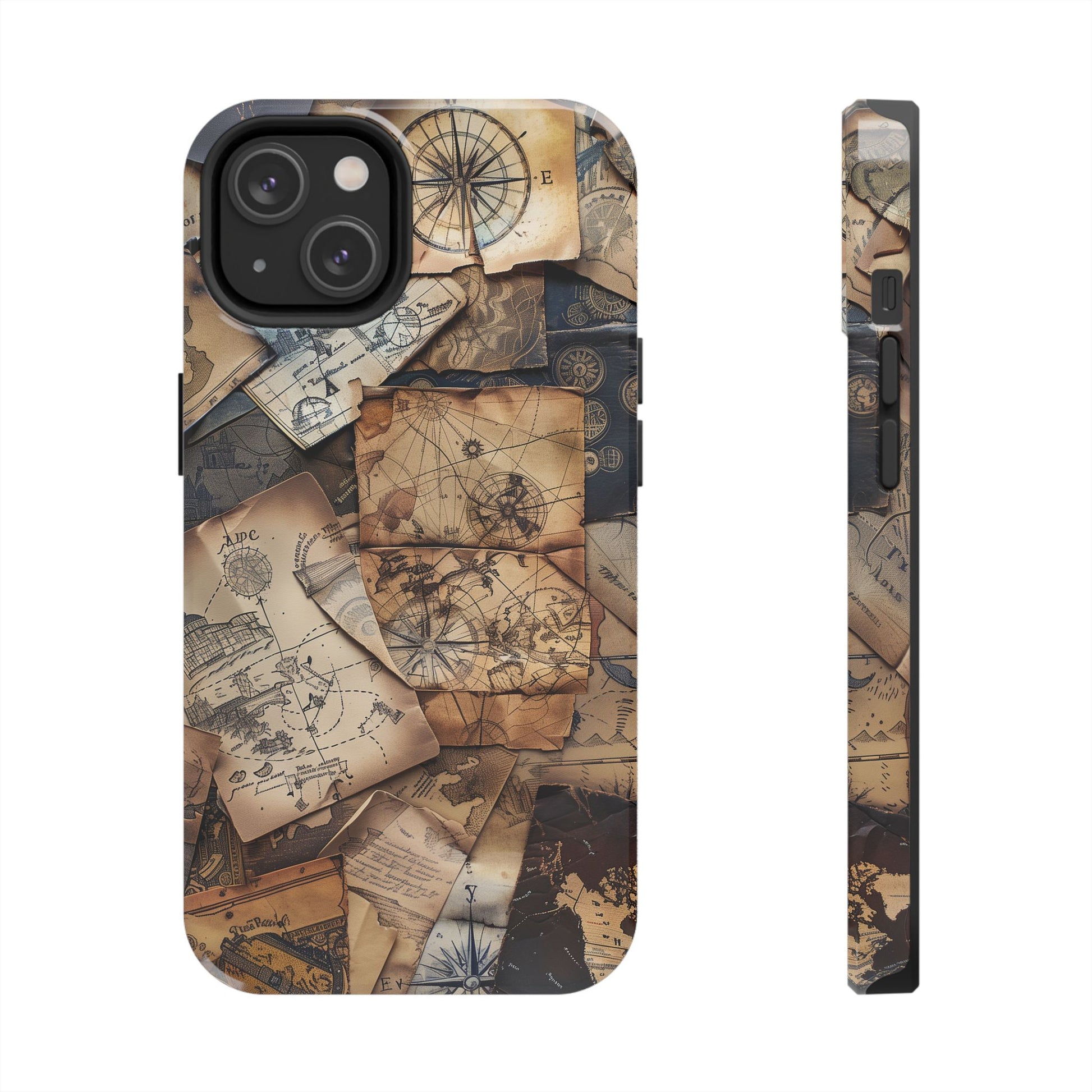 Double Layer Adventure Phone Case - Protective Phone Case Vintage Map and Compass Design - Dual Layer Case with Map Print