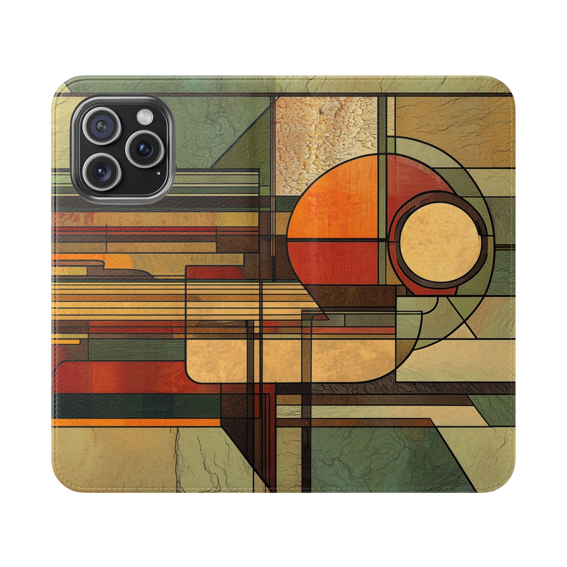 Art Deco Flip Case Prairie Style Stained Glass Inspired by Frank Lloyd Wright, Phone Covers, Colorful Protective Accessories, Unique