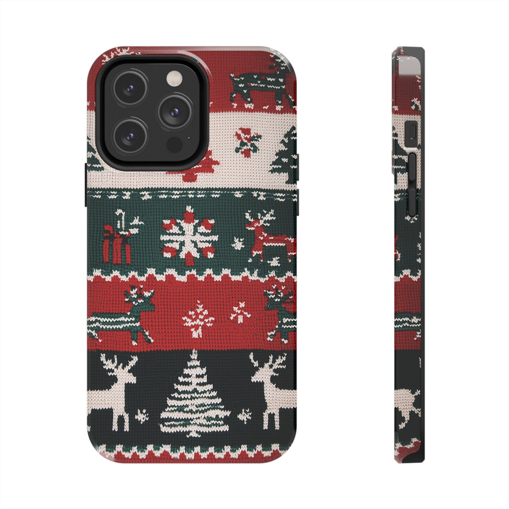 Ugly Christmas Sweater Phone Case Festive 3D Knit Textured Red White Green Holiday Knit Design Tree Reindeer iPhone 13 14 15 16 Pro Max