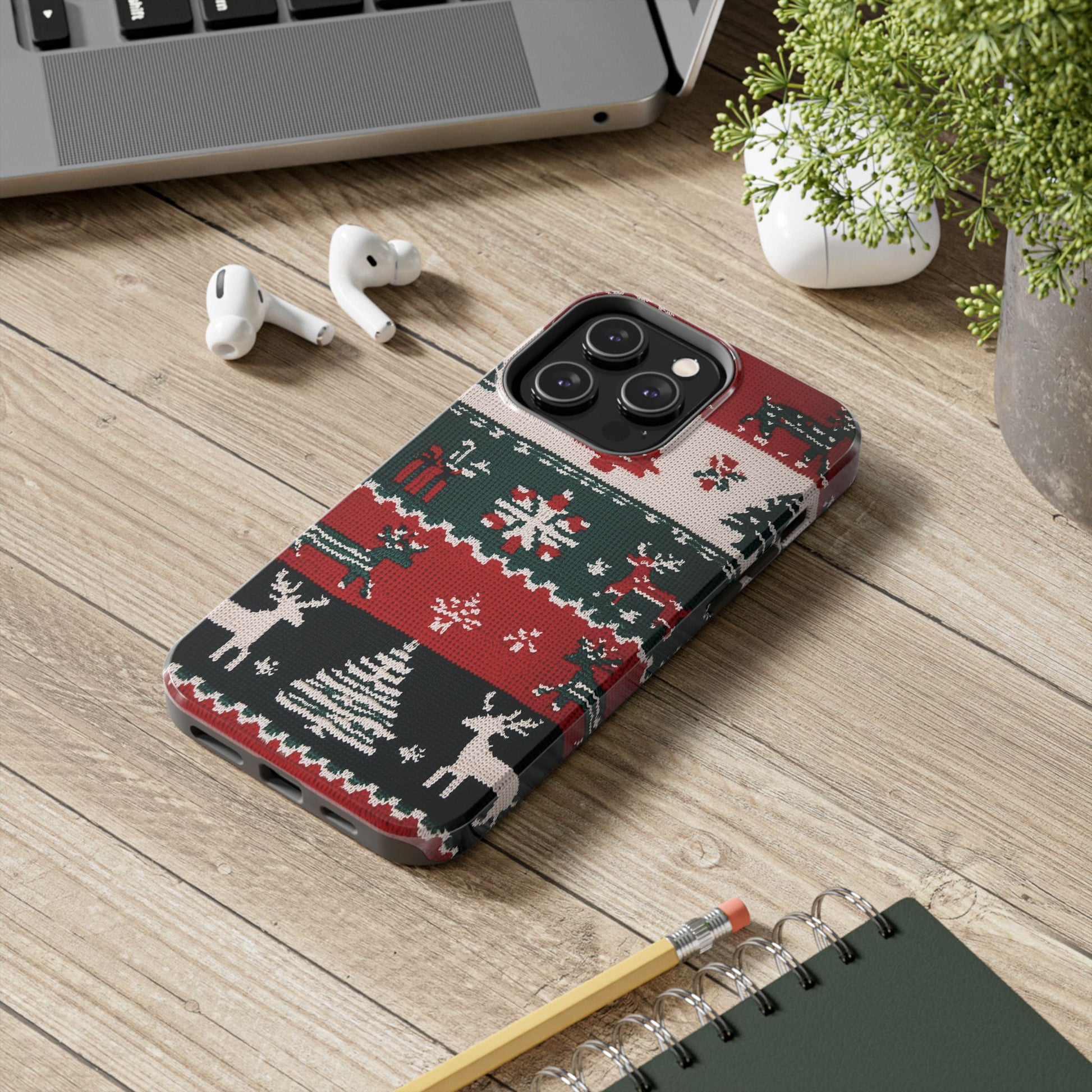 Ugly Christmas Sweater Phone Case Festive 3D Knit Textured Red White Green Holiday Knit Design Tree Reindeer iPhone 13 14 15 16 Pro Max