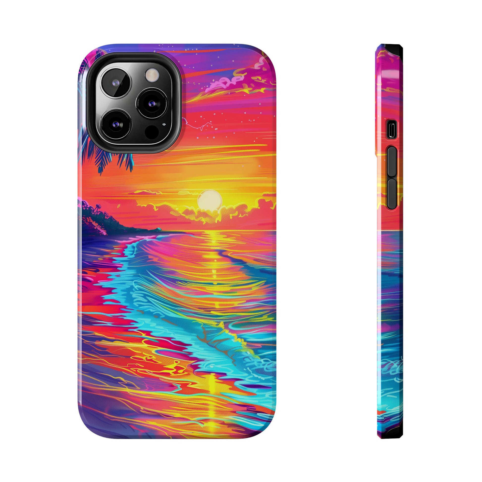Tough Beach Sunrise Phone Case - Durable Case Lisa Frank Inspired Beach Art - Vibrant Beach Design - Colorful Phone Case for Beach Lovers