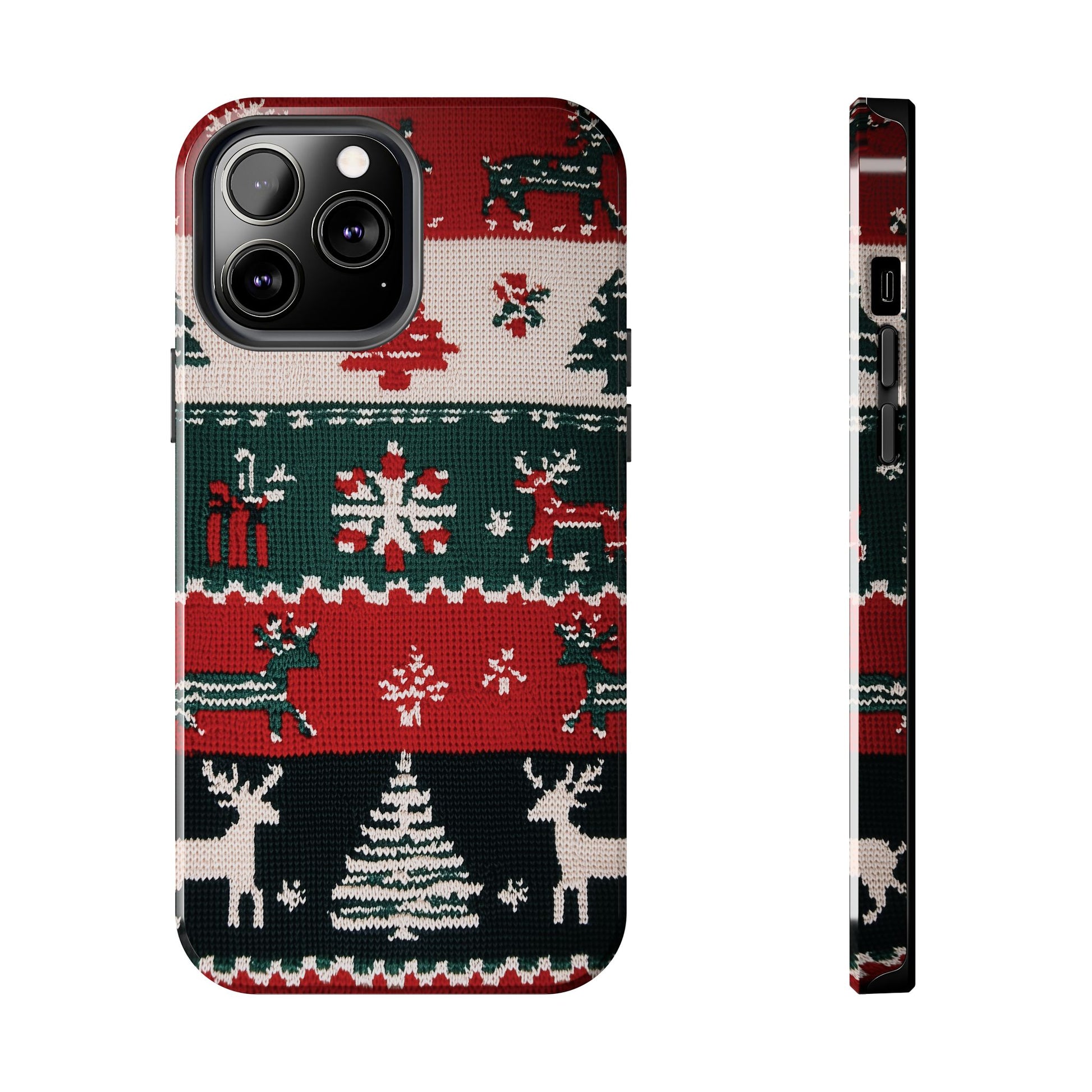 Ugly Christmas Sweater Phone Case Festive 3D Knit Textured Red White Green Holiday Knit Design Tree Reindeer iPhone 13 14 15 16 Pro Max