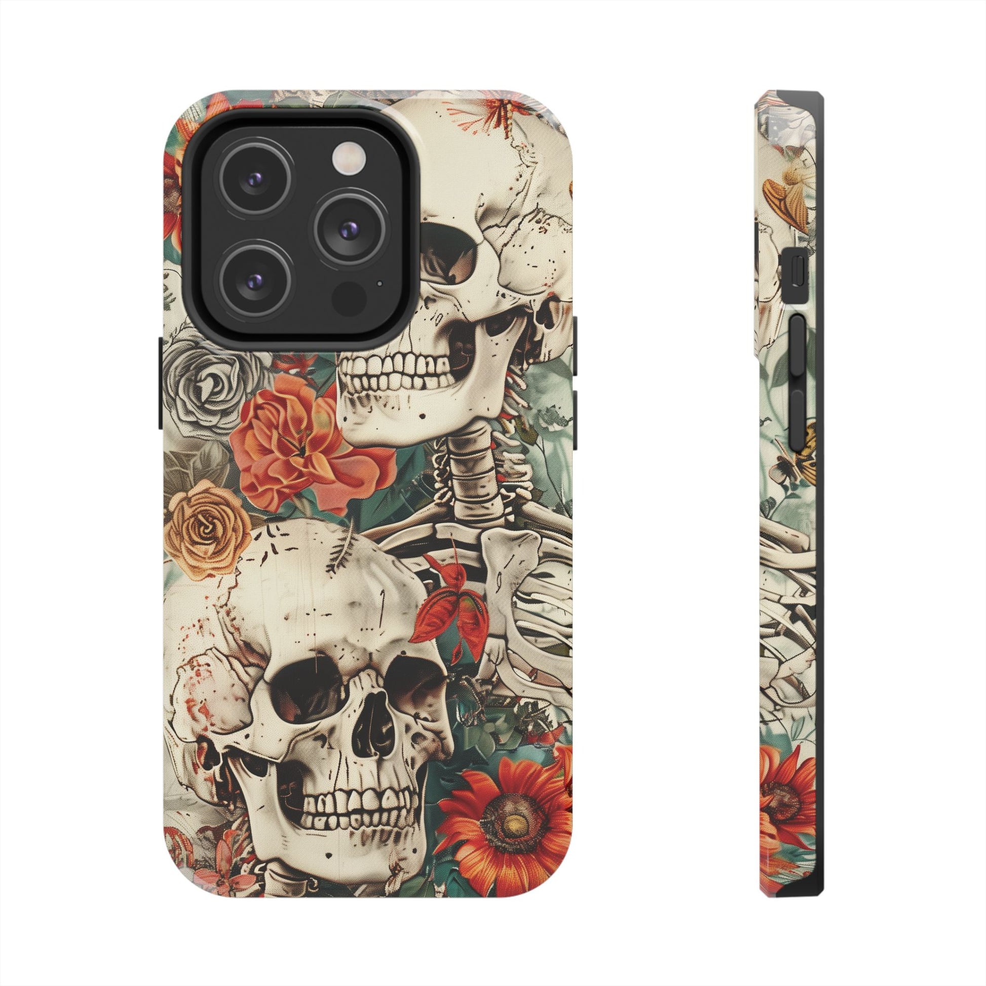Skulls Floral Phone Case, Flowers and Skeletons , Halloween Cottagecore Day of the Dead, iPhone Dia de Los Muertos Gothic