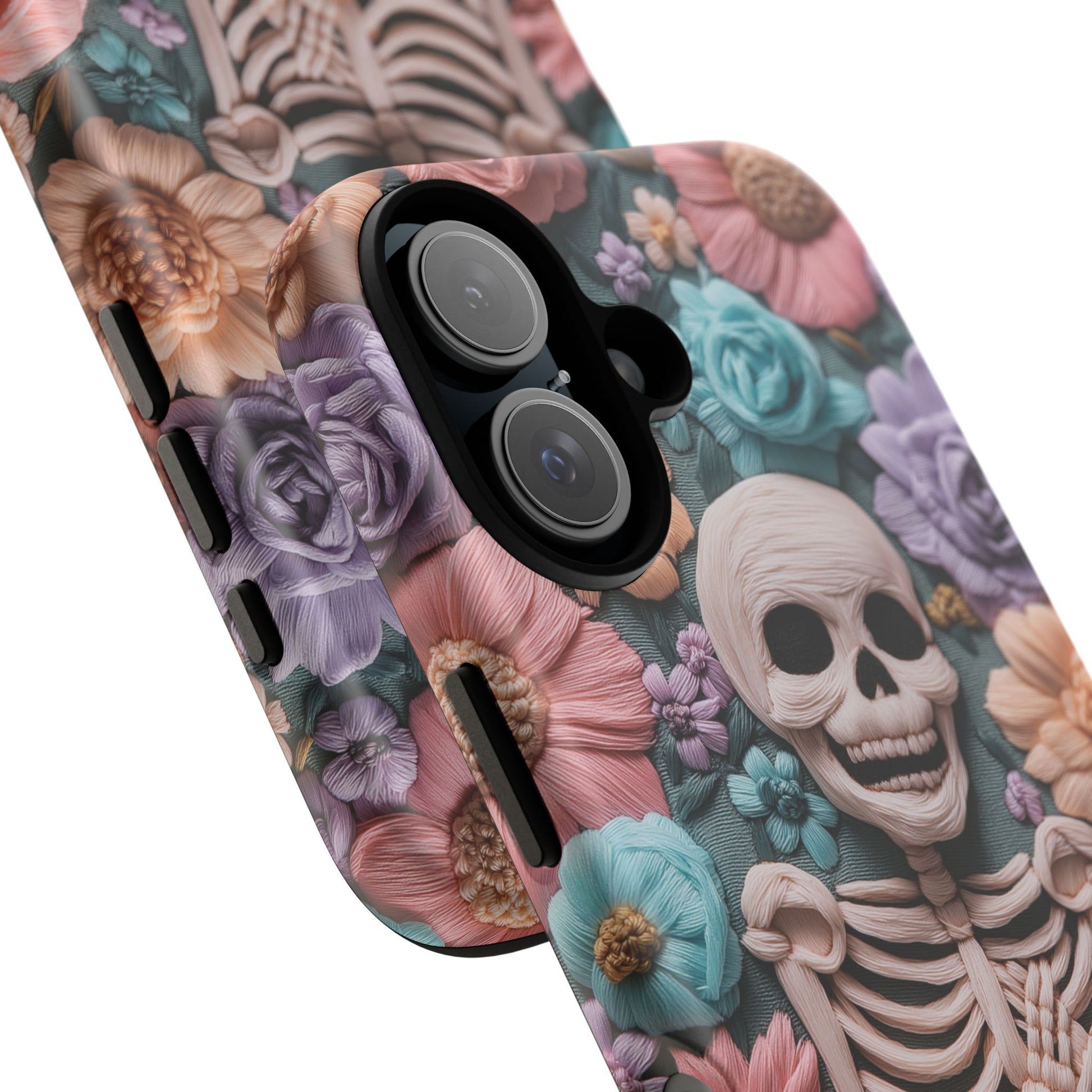 Embroidered Skeleton Gothic Cottagecore Halloween Phone Case 3D Look Flowers Pastel Custom 13 14 15 16 Pro Max Plus Galaxy Pixel
