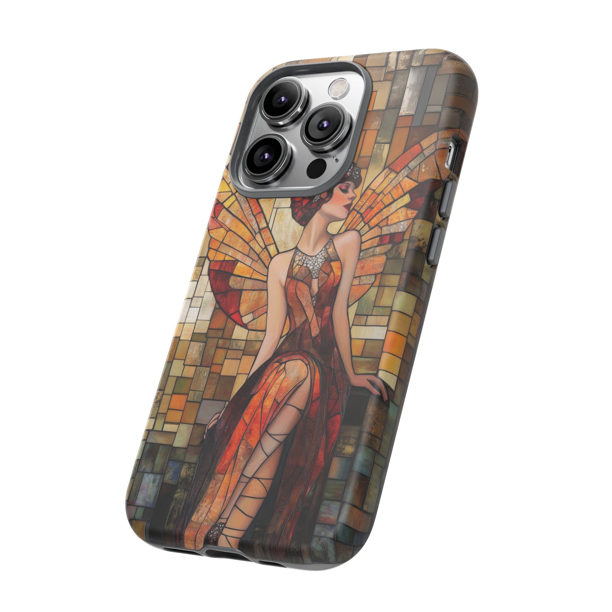 Phone Case Art Deco Flapper Fairy Woman Mosaic Stained 1920s Art Nouveau Design in Red Yellow Orange Alphonse Mucha Gatsby Style Poster