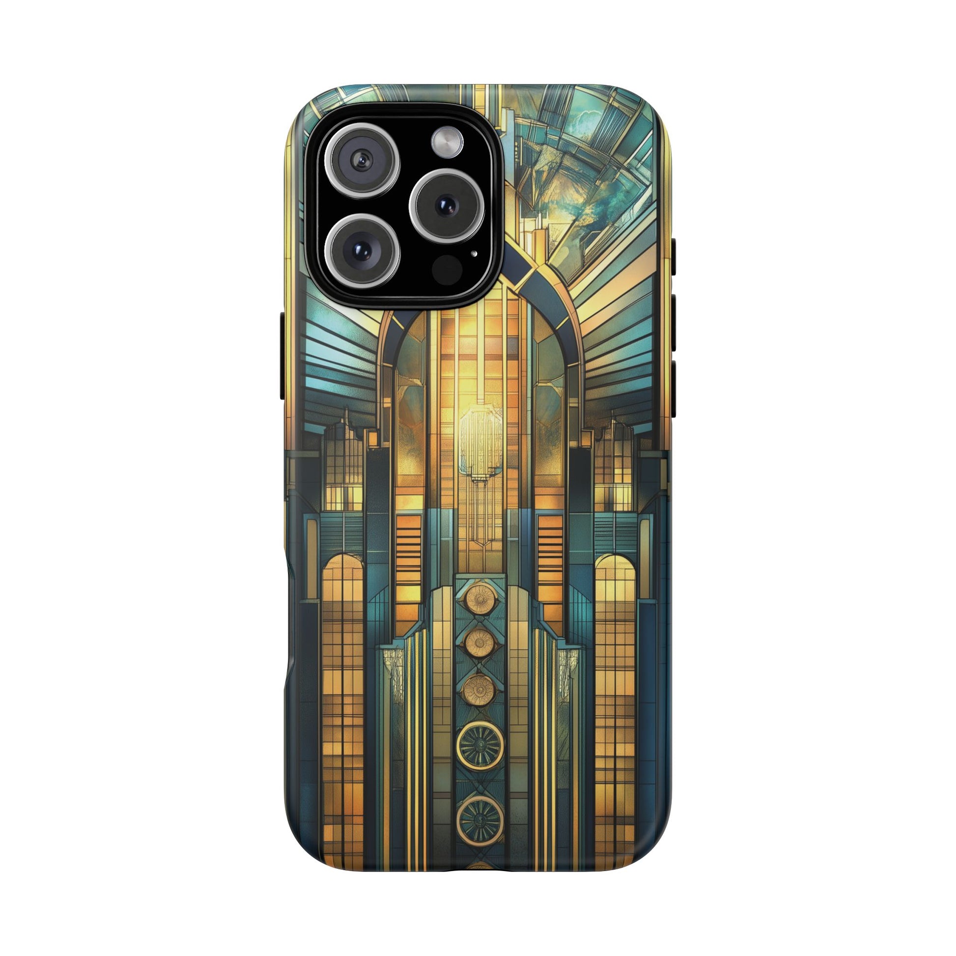 Phone Case Art Deco City Frank Lloyd Wright Teal Gold Protective Covers, Stylish Accessories, Great Gatsby Noir Nouveau iPhone 14 15 16 Pro
