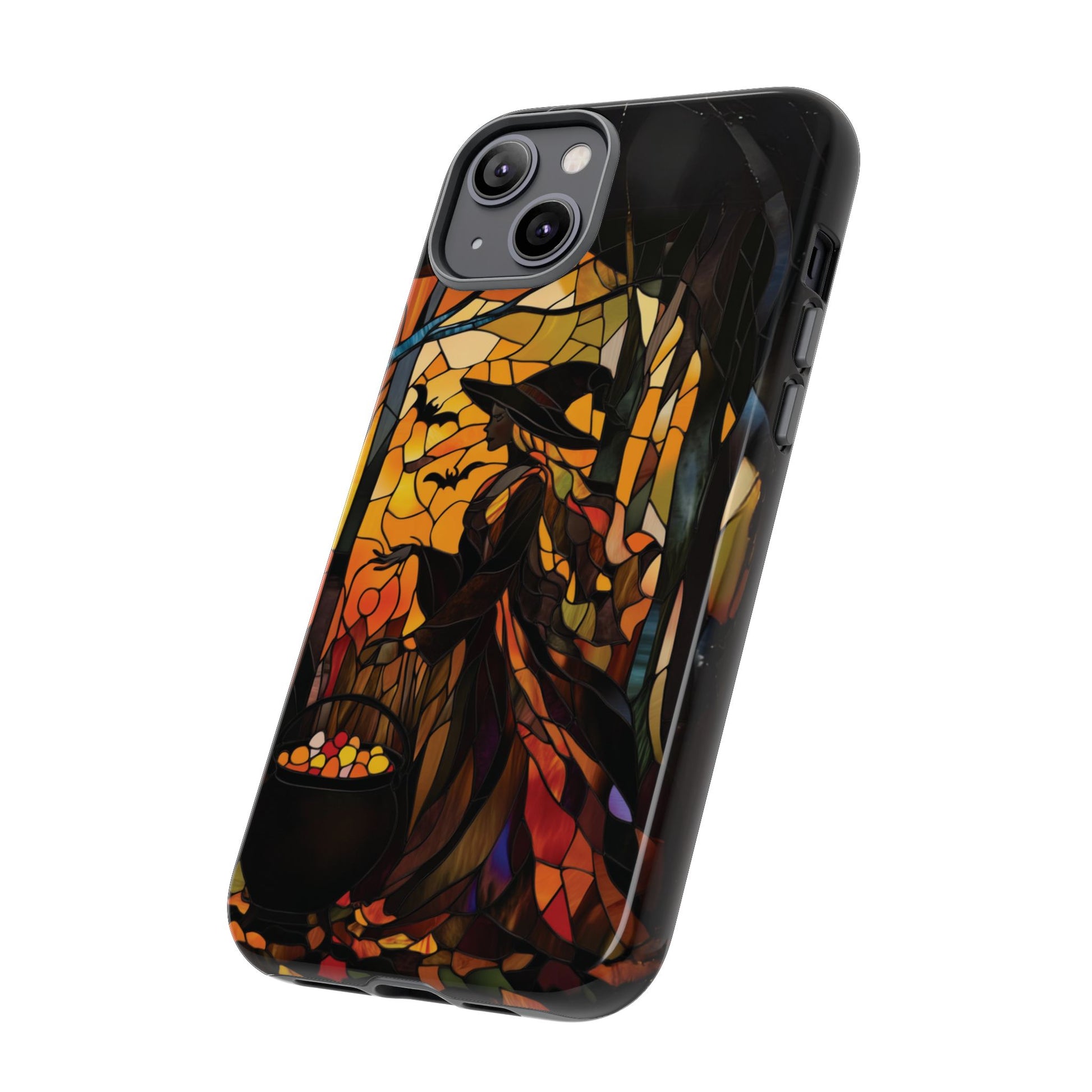 Halloween Witch Stained Glass Effect Dark Academia Spooky Fall Witchy Pumpkin Bats Seasonal Fall Mosaic Case iPhone 13 14 15 16 Pro Max