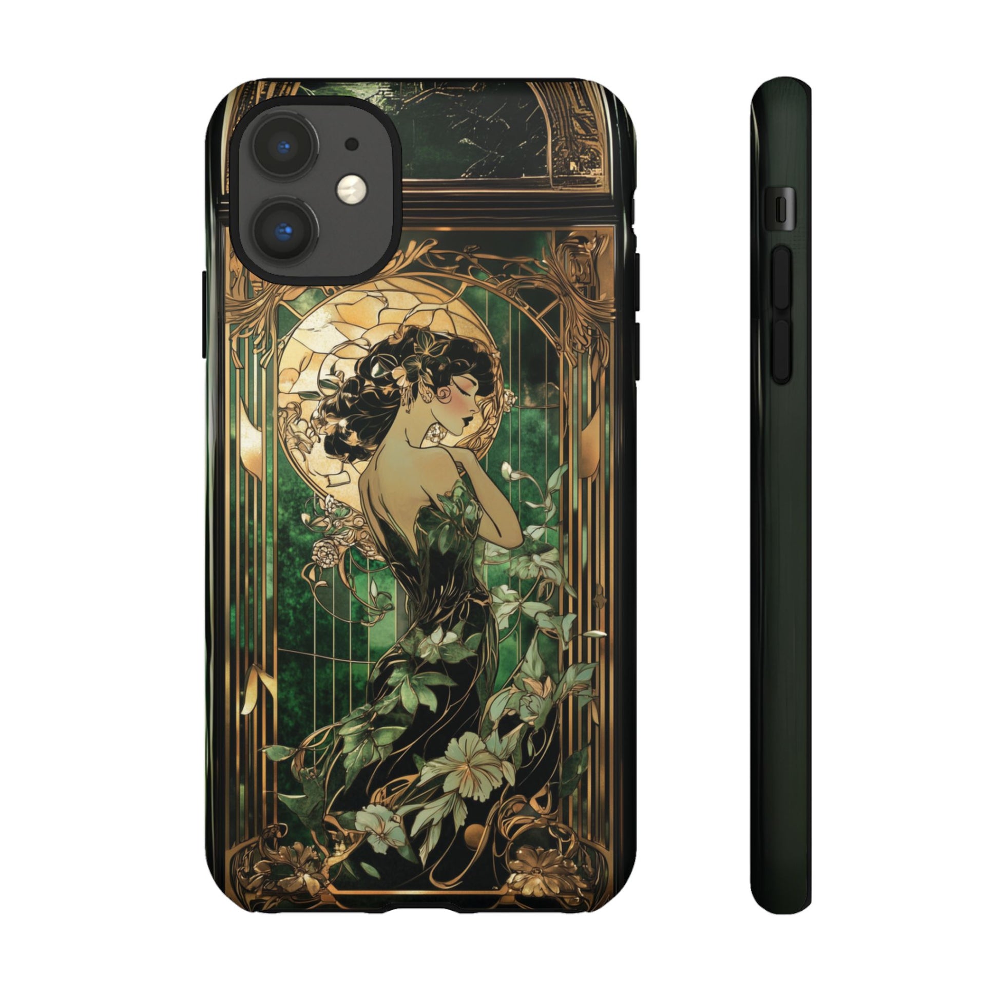 Art Deco Fairy Flapper Woman Phone Case 1920s Art Nouveau Design in Emerald & Gold Alphonse Mucha Style Gatsby Style Poster