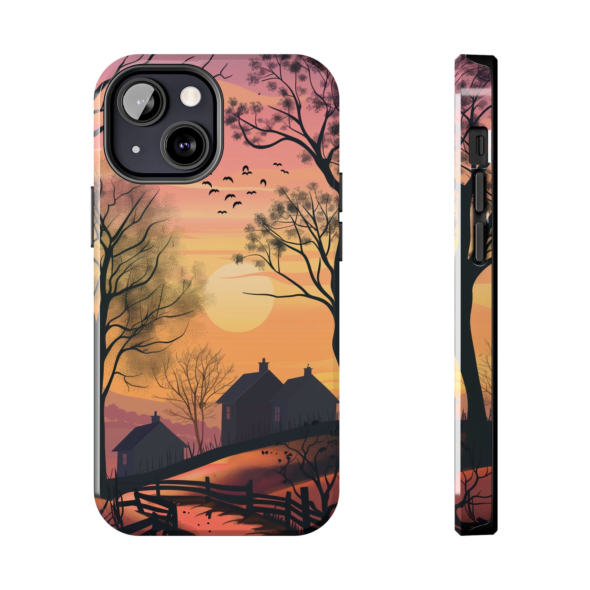 Cottagecore Countryside Sunset Phone Case Cottagecore Aesthetic, Tranquil Pastel Sky Gradient & Silhouette Trees, Whimsical Nature Art Cover