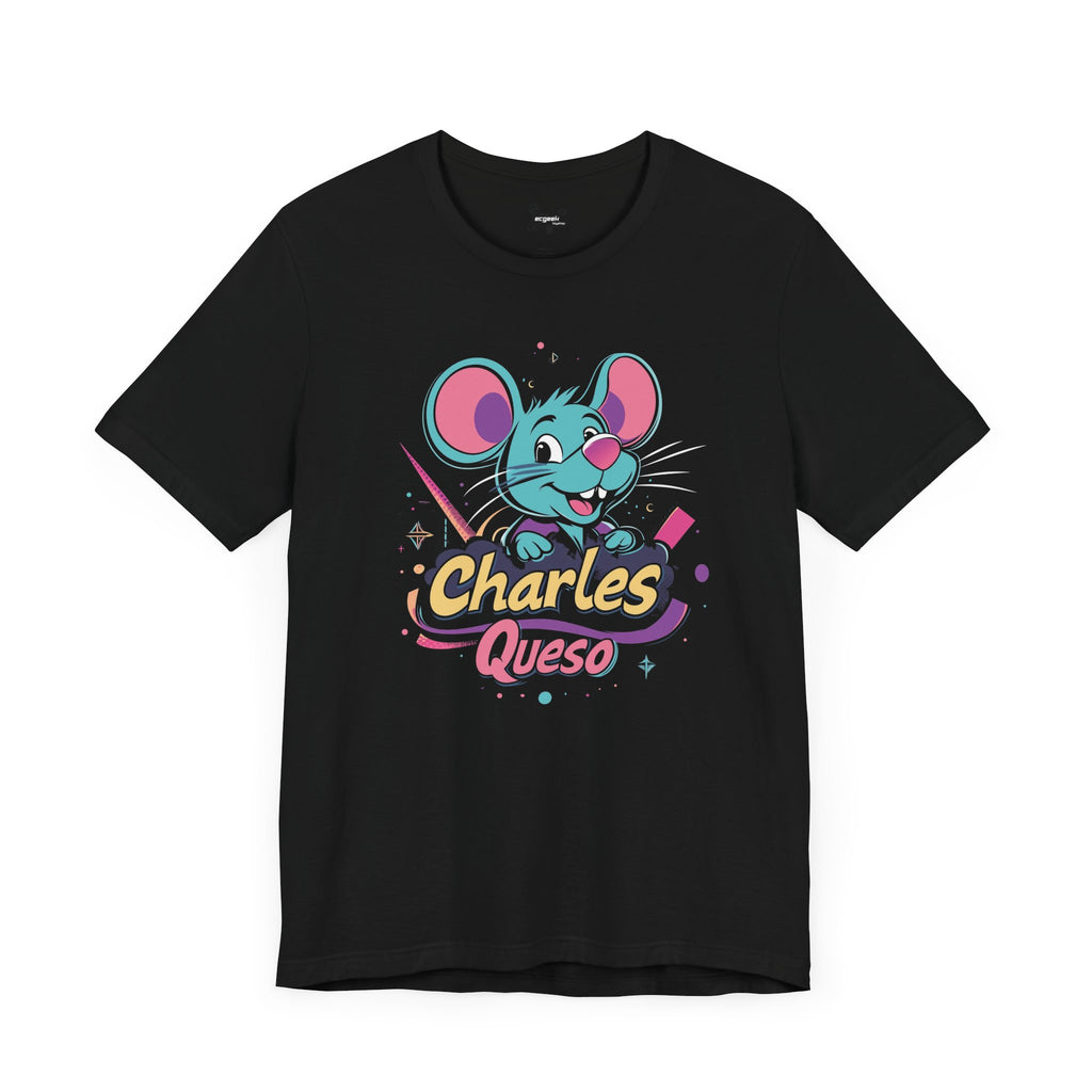 Charles Queso Mouse Logo Tee, Unisex Graphic T-Shirt, Colorful 80s Style Top, Retro Company Shirt, Gift for Mouse Lovers