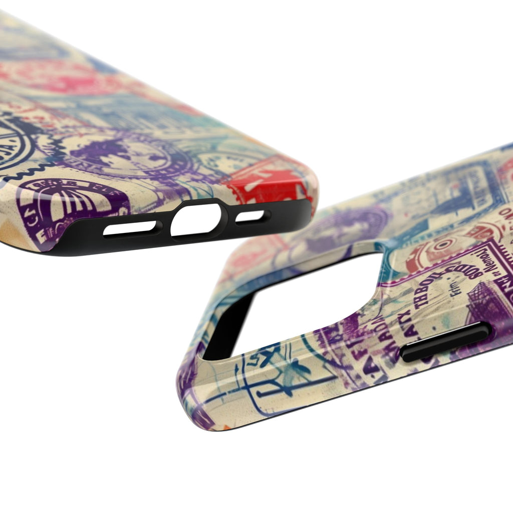 Travel Stamps Tough Phone Case - Durable Vintage Travel Stamps Design - Adventure Inspired Phone Case - Protective Case with travel stamps