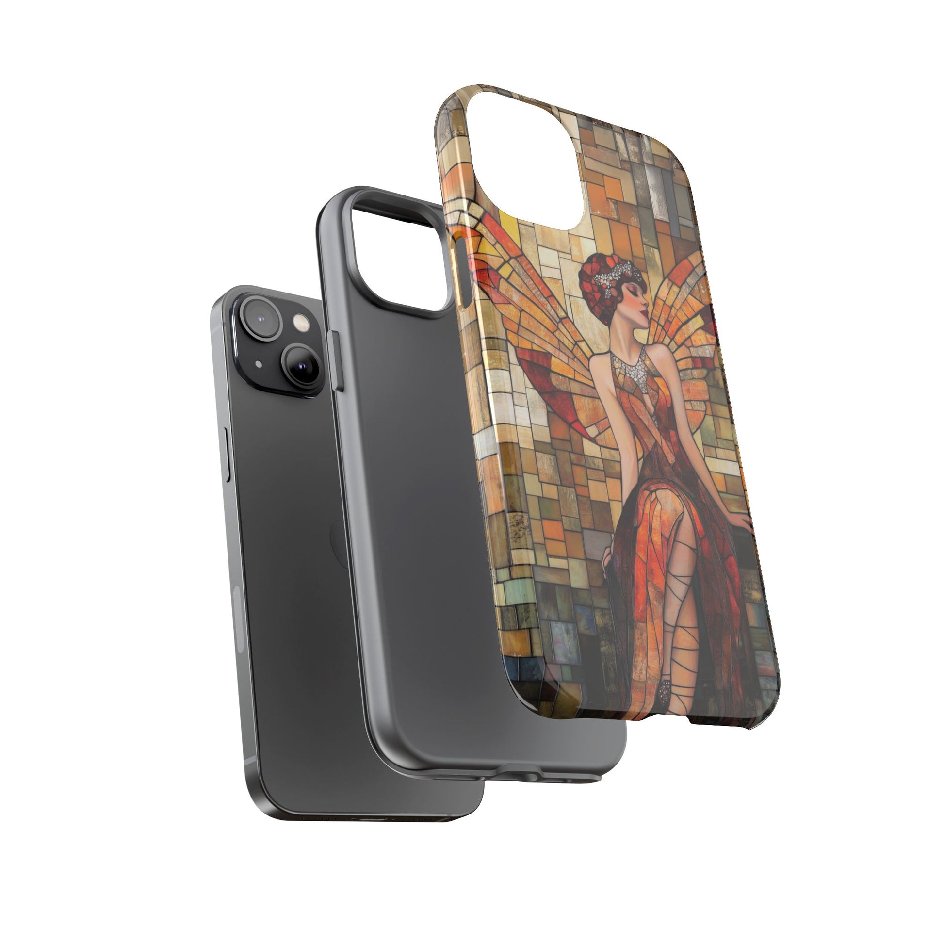Phone Case Art Deco Flapper Fairy Woman Mosaic Stained 1920s Art Nouveau Design in Red Yellow Orange Alphonse Mucha Gatsby Style Poster