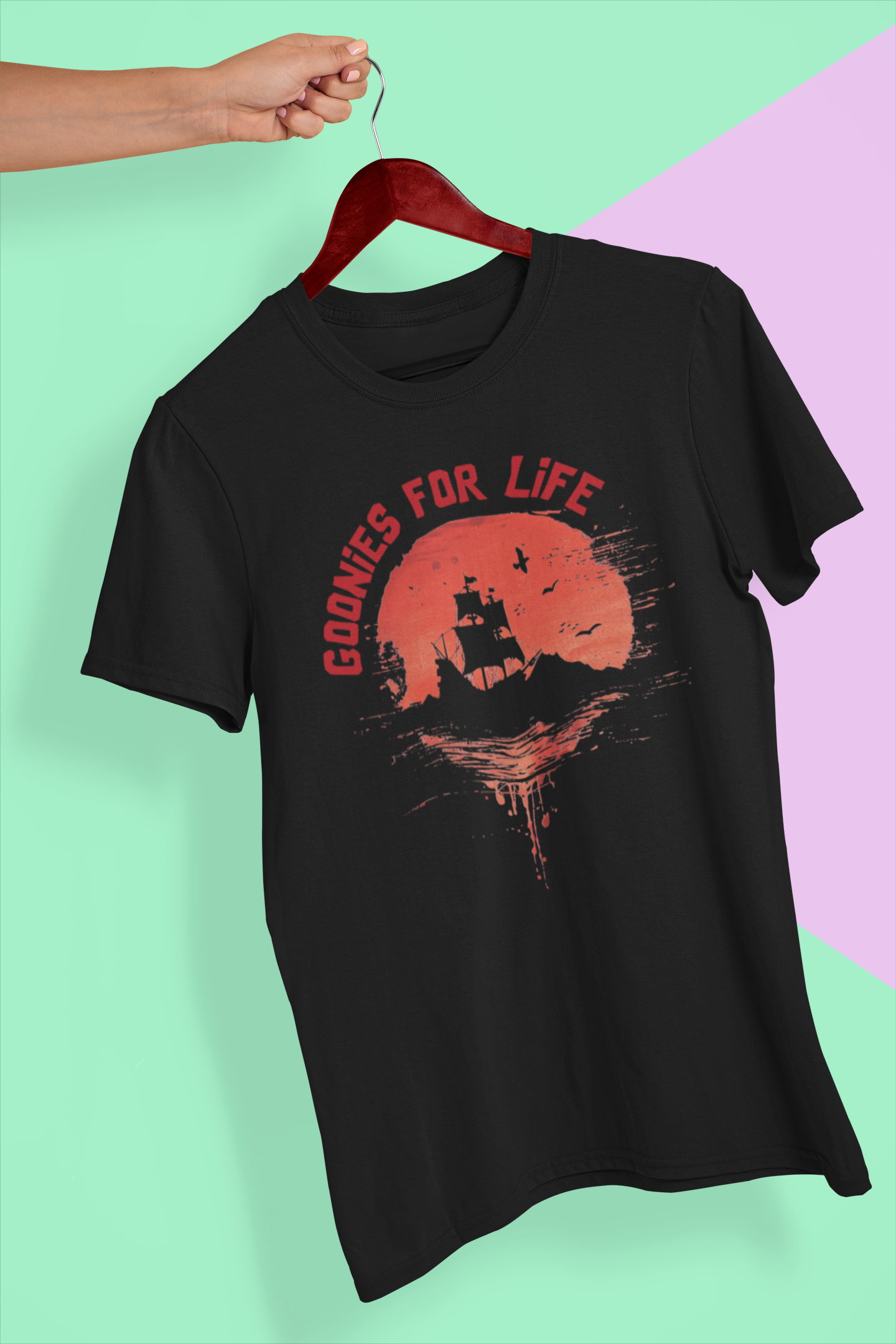 Goonies For Life Vintage Style Sunset Pirate Ship Tee