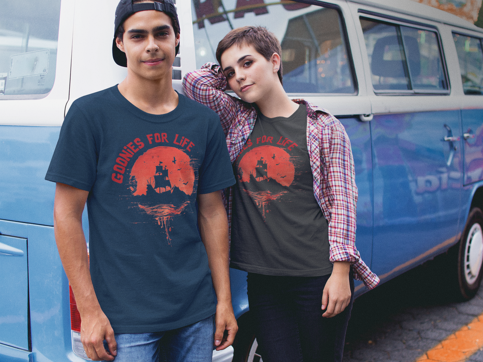 Goonies For Life Vintage Style Sunset Pirate Ship Tee