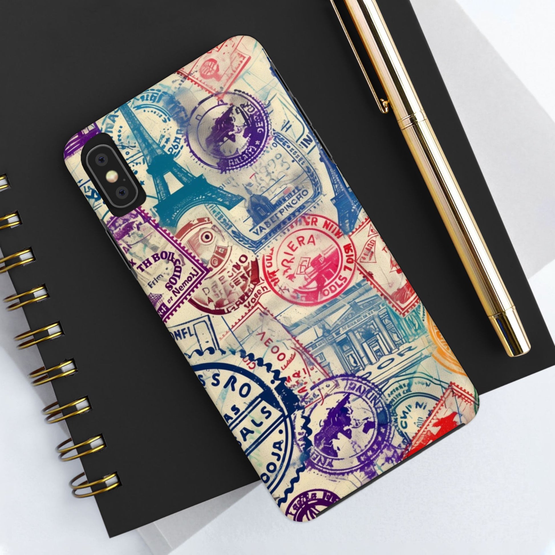 Travel Stamps Tough Phone Case - Durable Vintage Travel Stamps Design - Adventure Inspired Phone Case - Protective Case with travel stamps