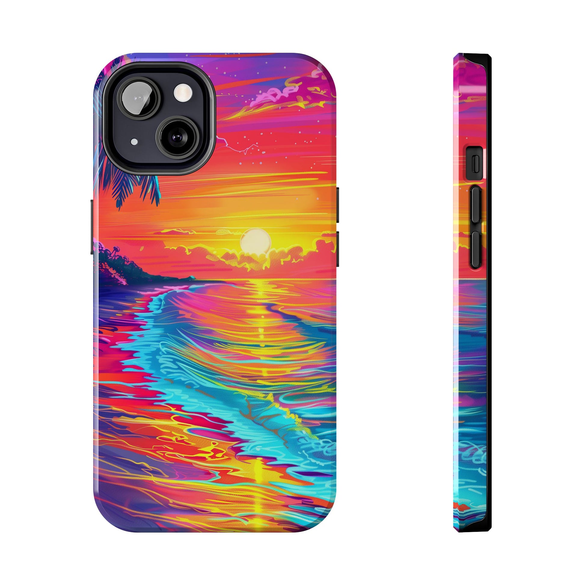 Tough Beach Sunrise Phone Case - Durable Case Lisa Frank Inspired Beach Art - Vibrant Beach Design - Colorful Phone Case for Beach Lovers