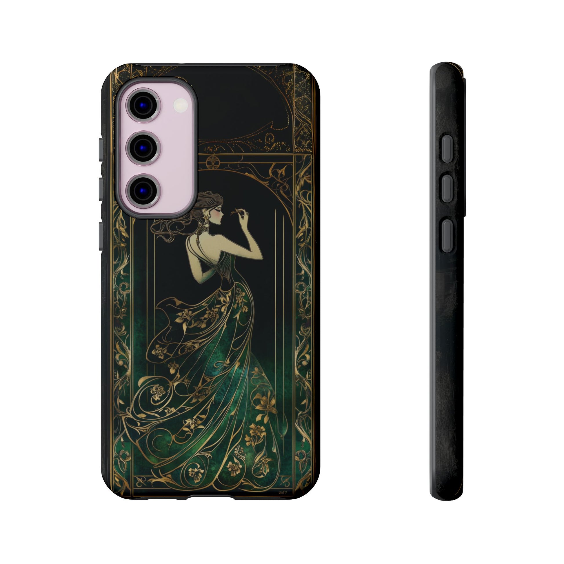 Art Deco Flapper Woman Phone Case 1920s Art Nouveau Design in Emerald & Gold Alphonse Mucha Style Gatsby Style Poster