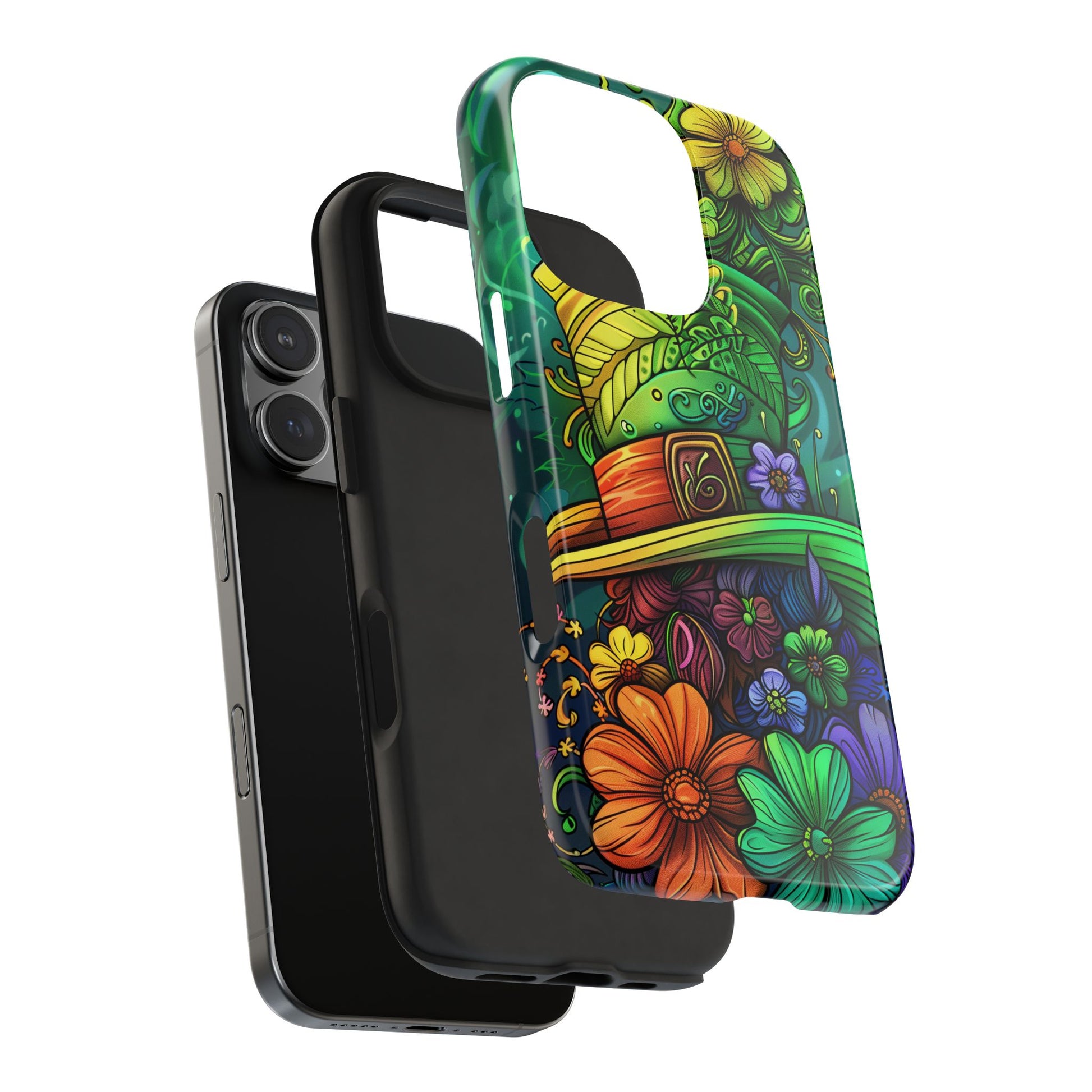 Rainbow St. Patricks Day Good Lucky Phone Case Green Shamrock Protective Tough Durable iPhone 13 14 15 16 Pro Max Plus Galaxy Top Hat Charm