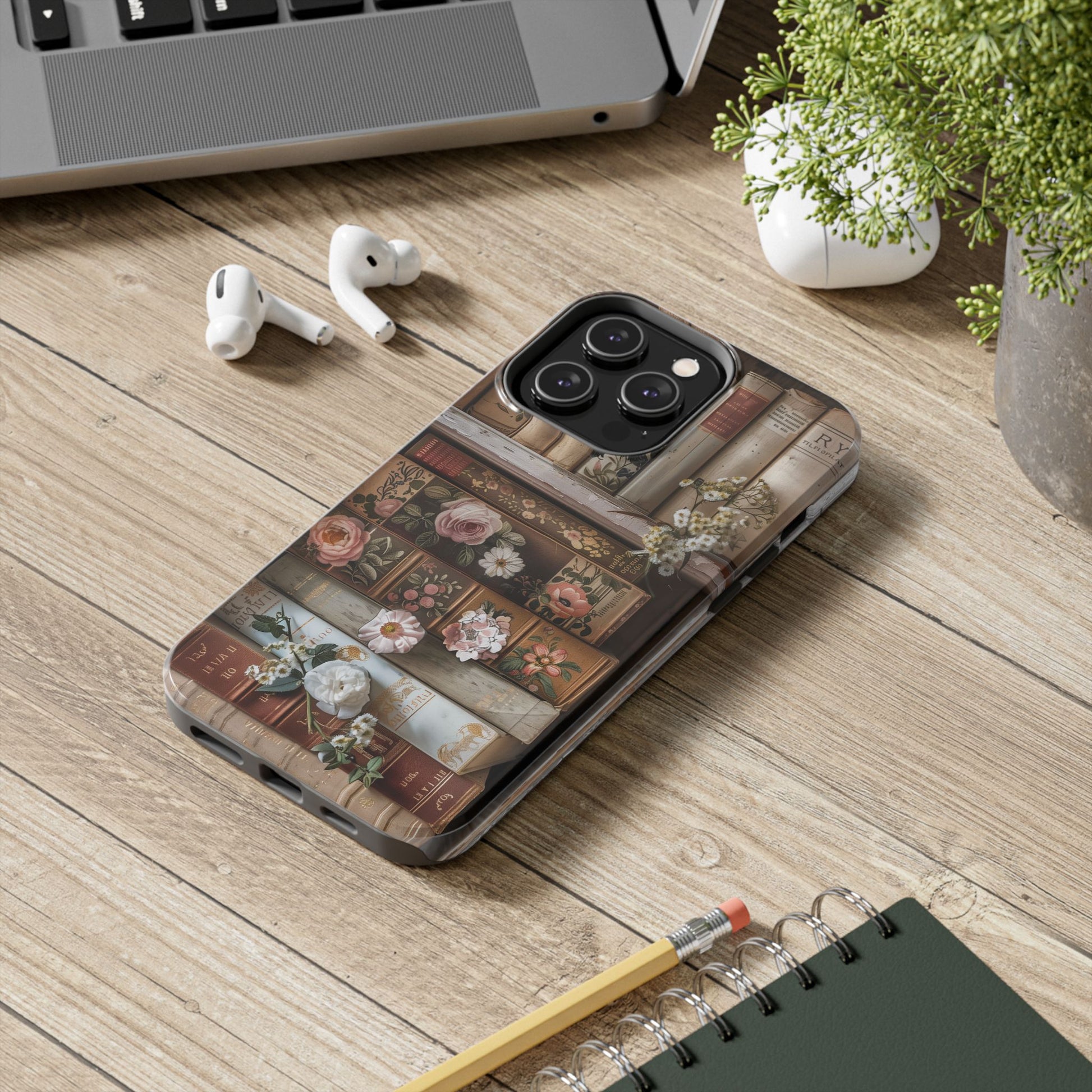 Vintage Book Stack Cottagecore Phone Case, Books with Floral Decor, Leather & Cloth Fliral iPhone Case, Pastel Roses Daisies Wildflowers