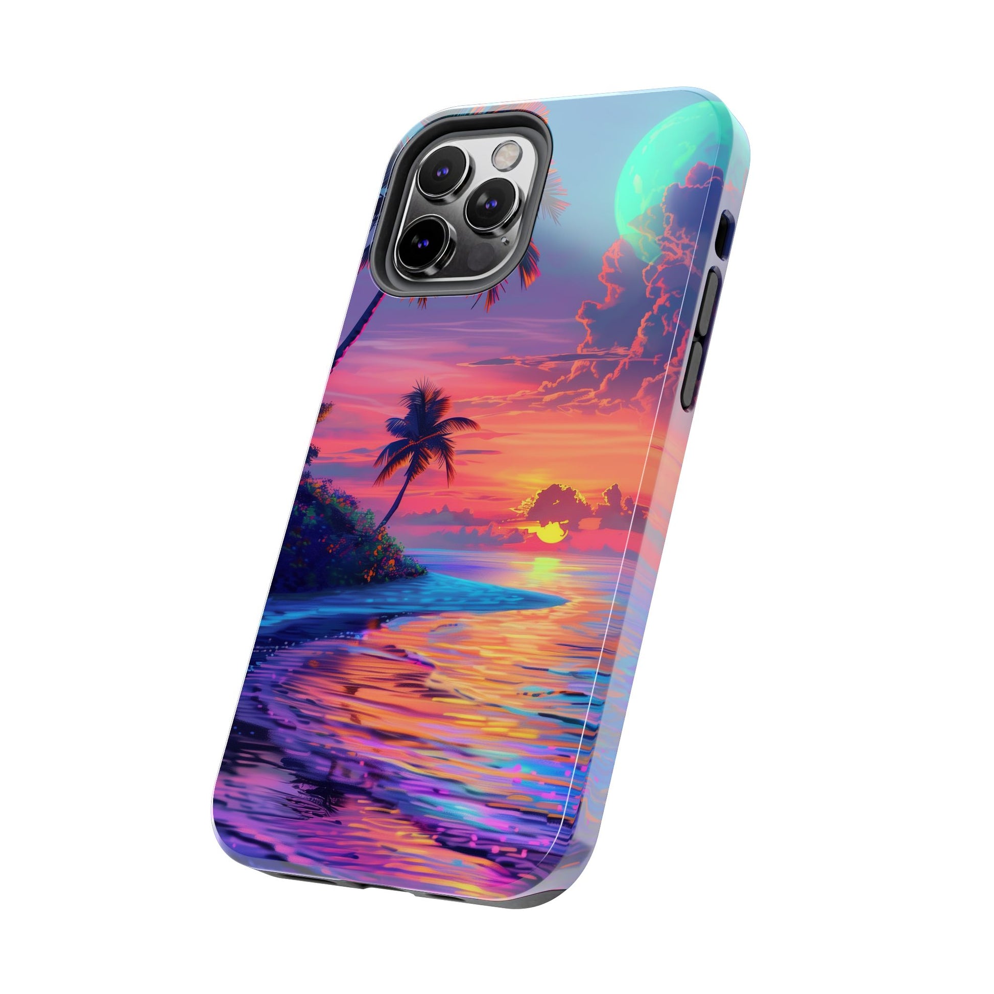 Tough Beach Scene Phone Case - Durable Phone Cover with Lisa Frank Inspired Beach Art - Protective Case with Vibrant Beach Design