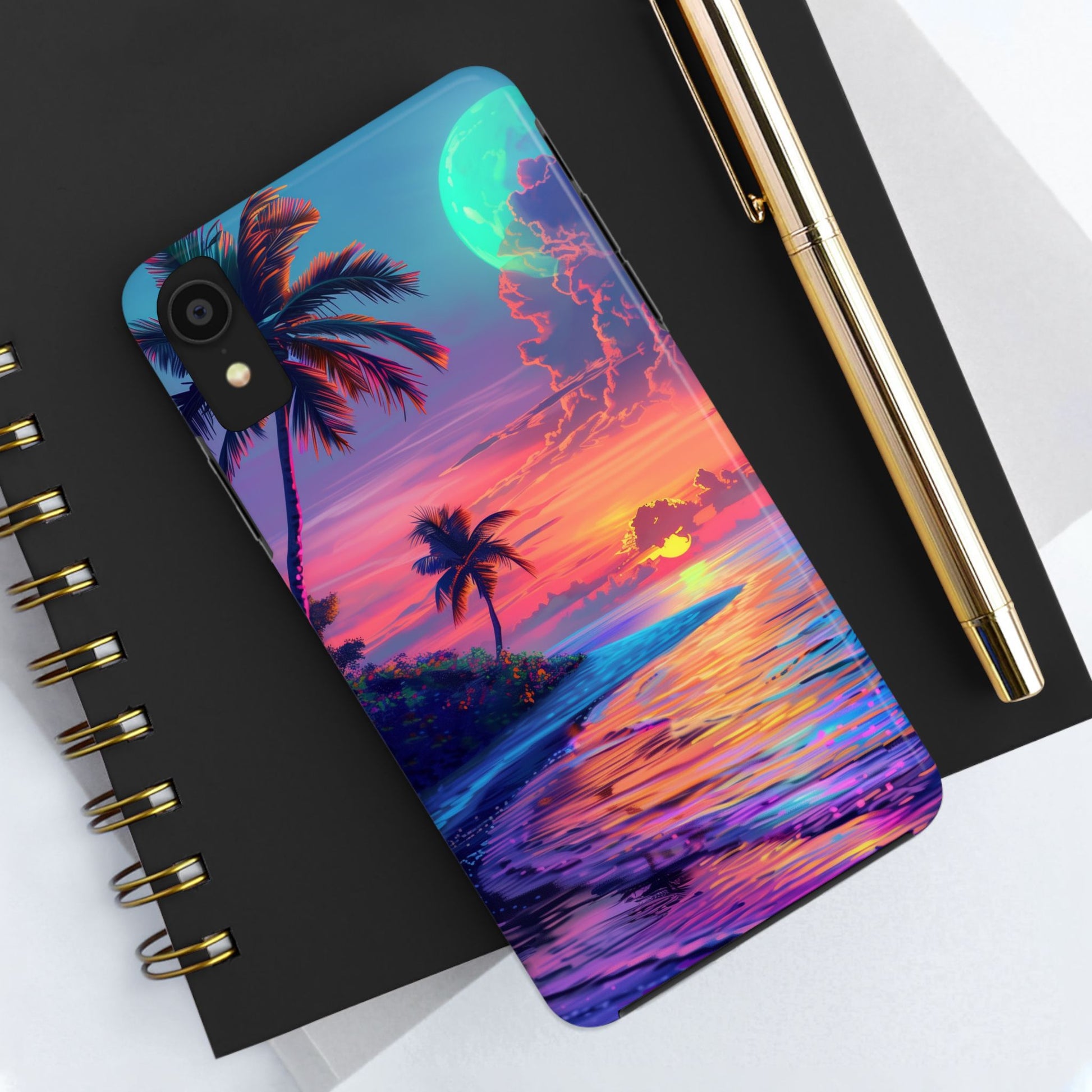 Tough Beach Scene Phone Case - Durable Phone Cover with Lisa Frank Inspired Beach Art - Protective Case with Vibrant Beach Design
