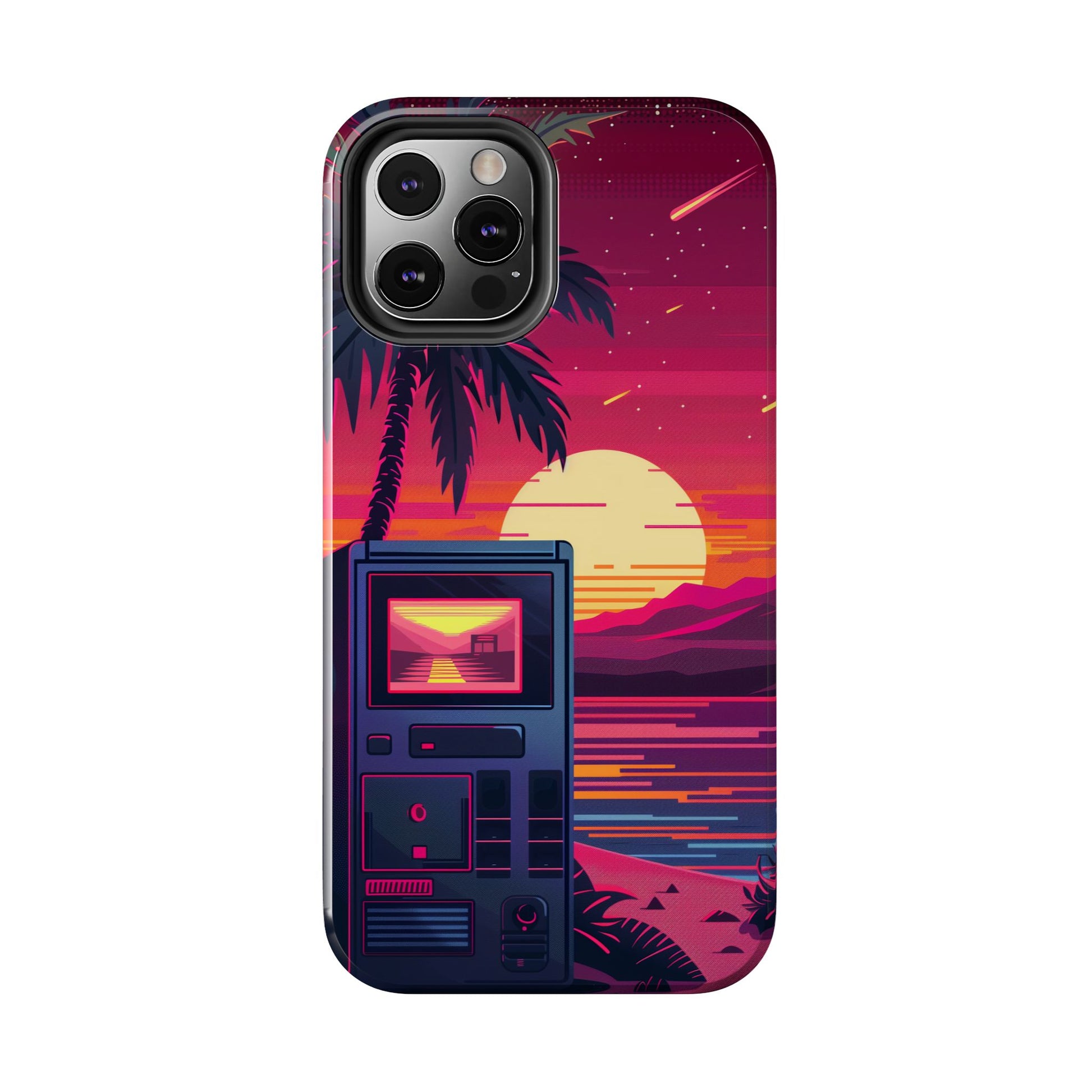 Vintage Sunset Beach Scene Art Print with Retro Video Game Console - Nostalgic Wall Decor - 80s Gaming Poster - Gamer Gift