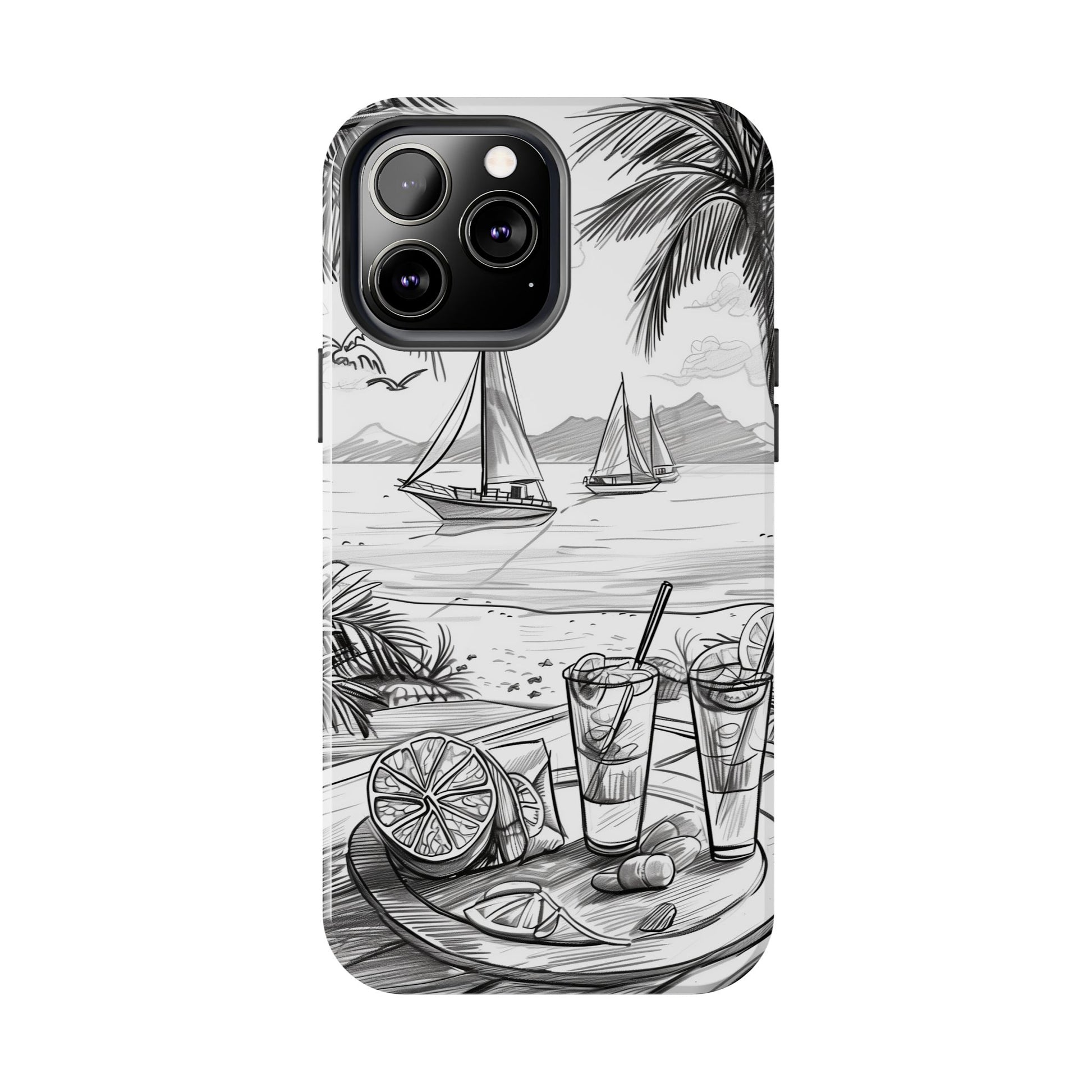 Beach Vibes Phone Case: Hand-Drawn Tiki Drinks & Tropical Paradise Design