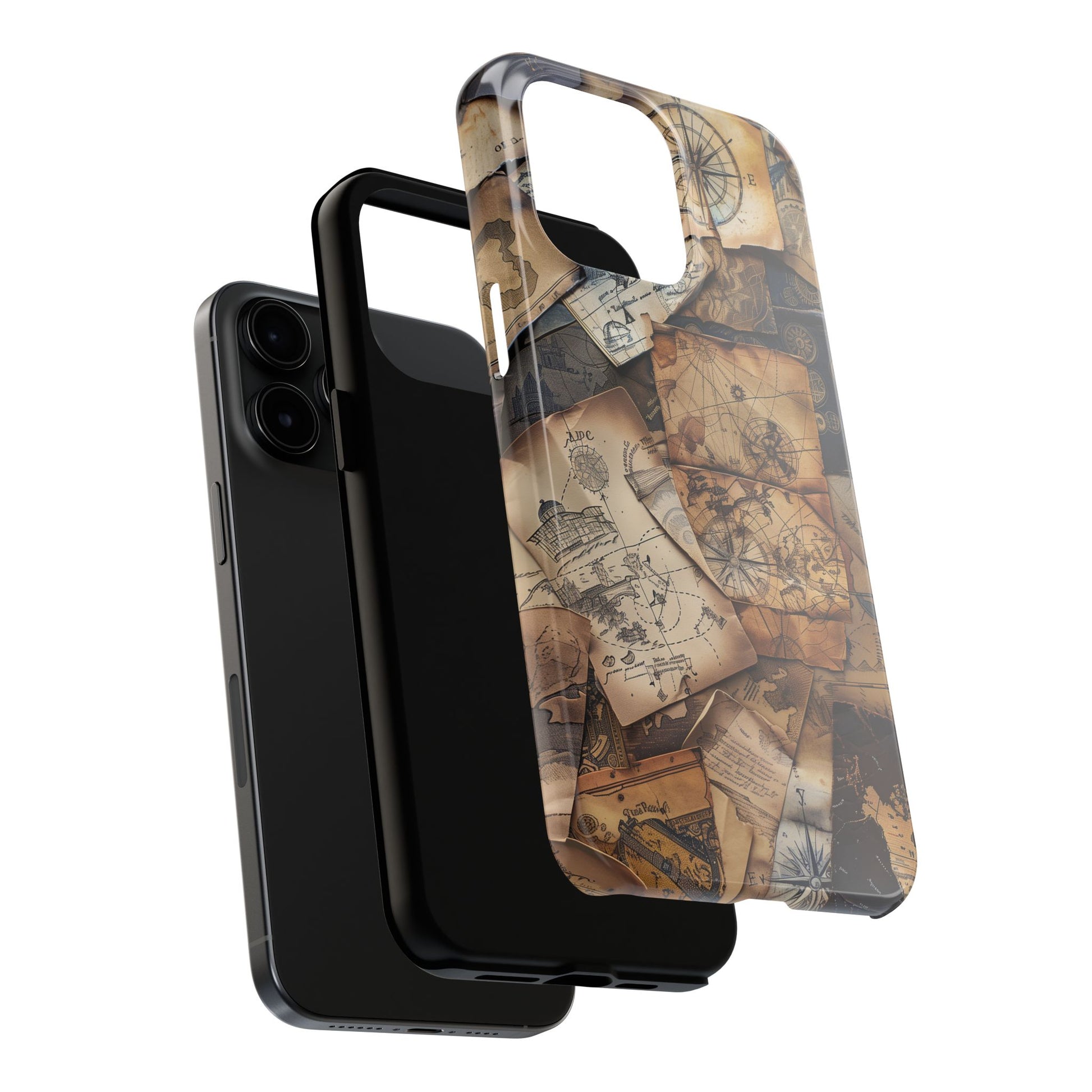 Double Layer Adventure Phone Case - Protective Phone Case Vintage Map and Compass Design - Dual Layer Case with Map Print
